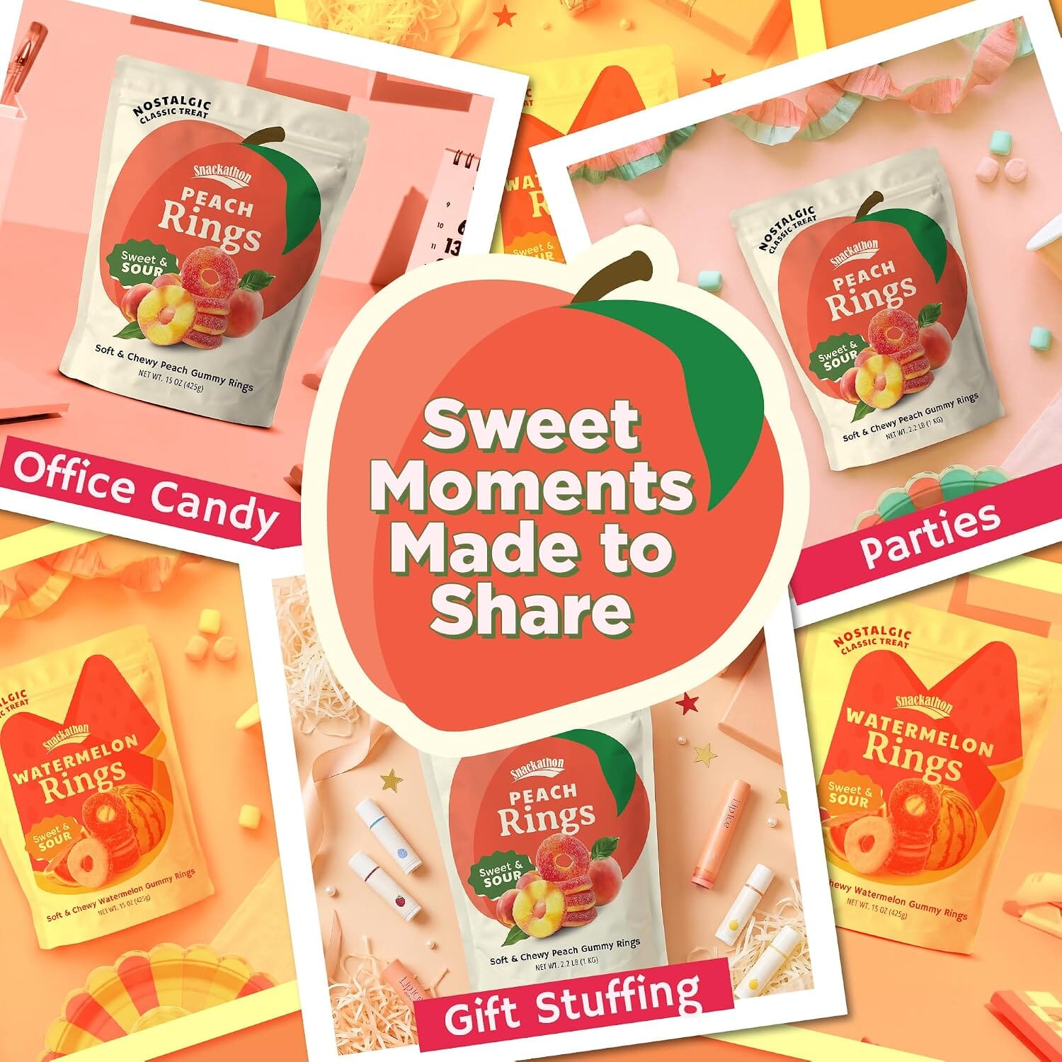 Snackathon Peach Rings Gummy Candy, Soft & Chewy Peach Gummies | Resealable Bag, Classic Sweet & Sour Sugar-Coated Gummy Rings, Gluten-Free, For Chamoy Treats, Parties, Buffets & Snacking Snackathon 