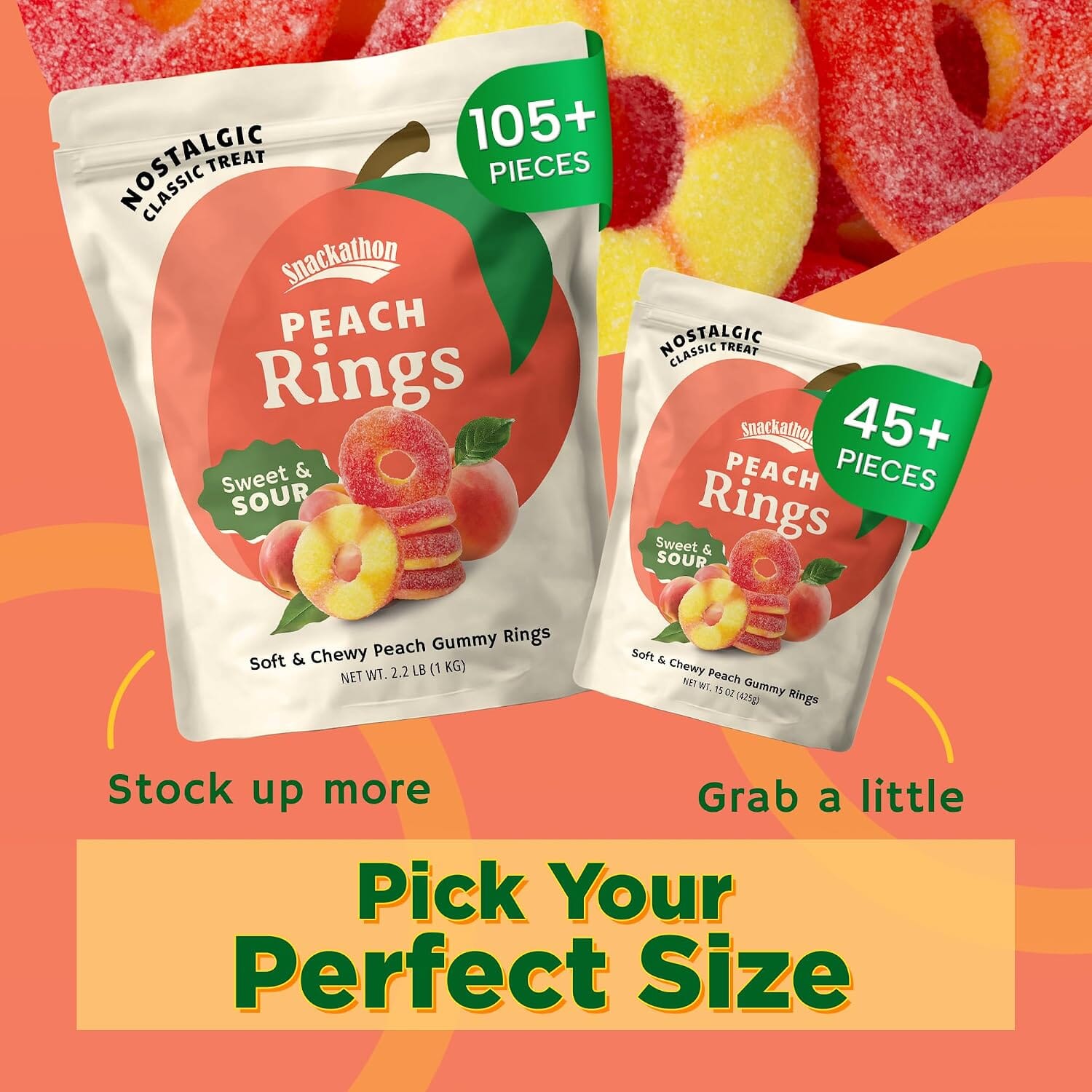 Snackathon Peach Rings Gummy Candy, Soft & Chewy Peach Gummies Snackathon 