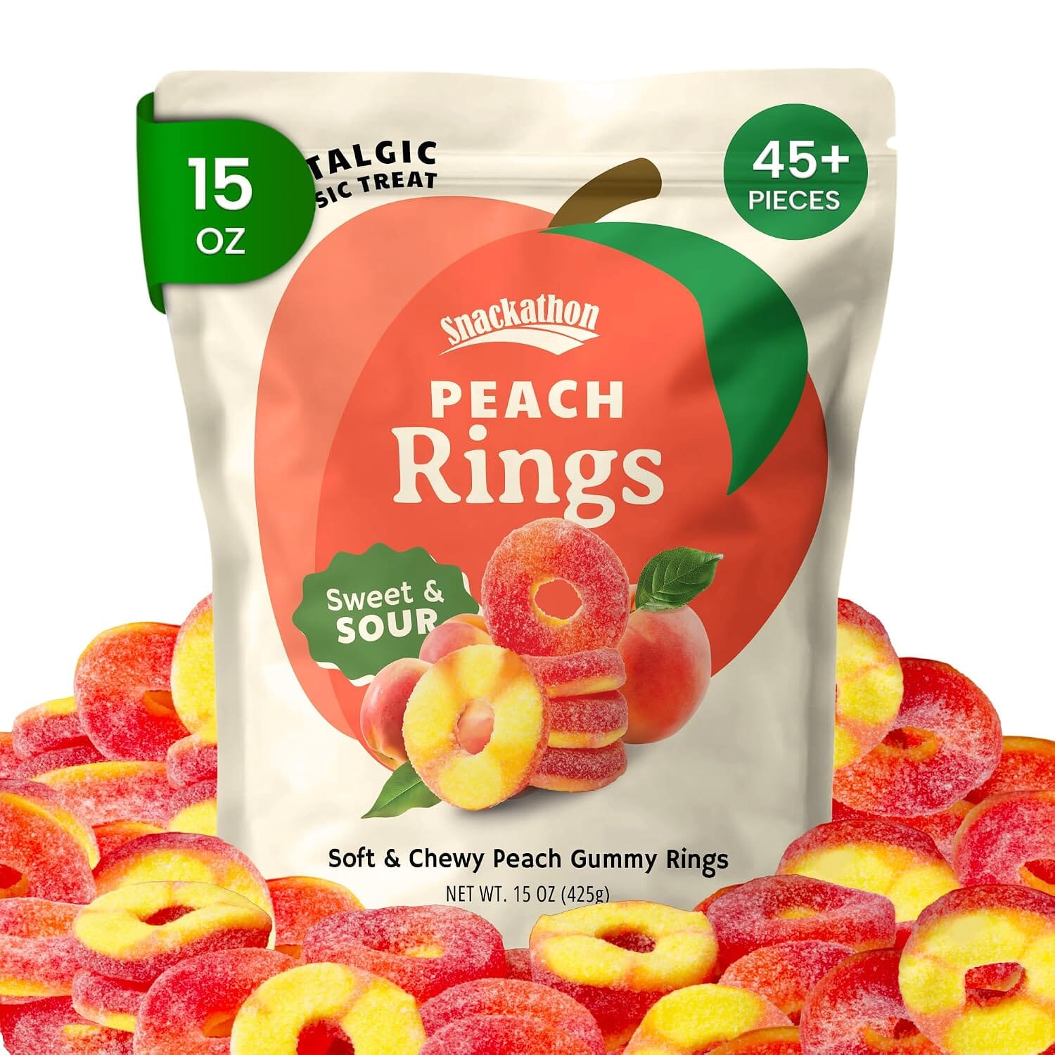 Snackathon Peach Rings Gummy Candy, Soft & Chewy Peach Gummies Snackathon Peach 15 Ounce 