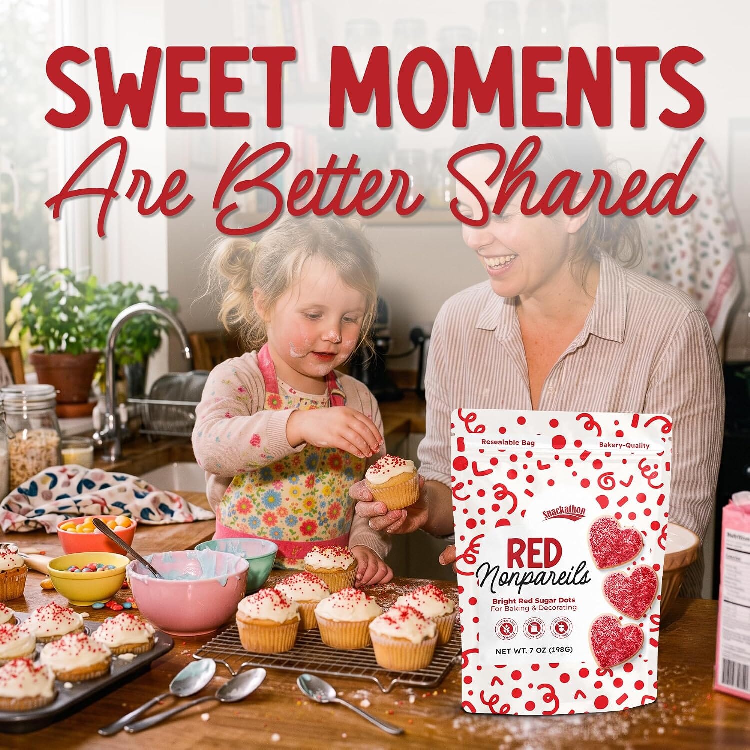 Snackathon Red Nonpareils Sprinkles, 7 oz, Festive Red Sugar Dot Sprinkles, Vibrant Red Candy Dot Toppings, Gluten Free Edible Holiday Baking Decorations for Cake Pops, Ice Cream, Cupcakes & Desserts Snackathon 