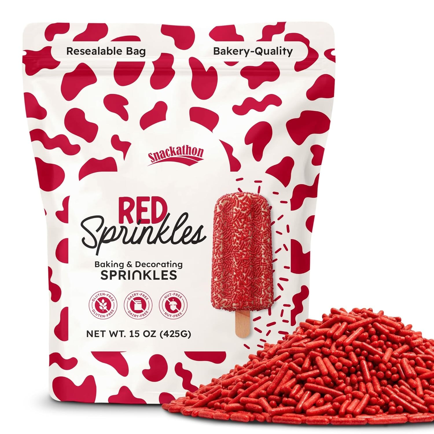 Snackathon Red Sprinkles for Baking & Decorating, 15 oz Vibrant Red Jimmies in Resealable Pouch, Gluten Free Sprinkles for Cakes, Ice Cream Toppings & Desserts Snackathon 