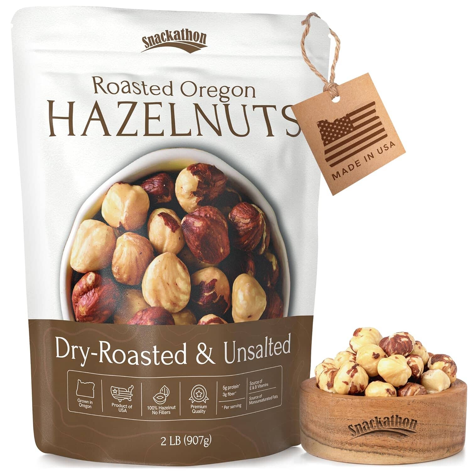 Snackathon Roasted Oregon Hazelnuts, Unsalted, Dry Roasted, Whole Filberts, Premium Natural Nuts Grown in USA, 1 LB Resealable Bag, Healthy Snack, Ideal for Baking, Nut Butters & Recipes Snackathon Foods Roasted Unsalted 2 Pound 