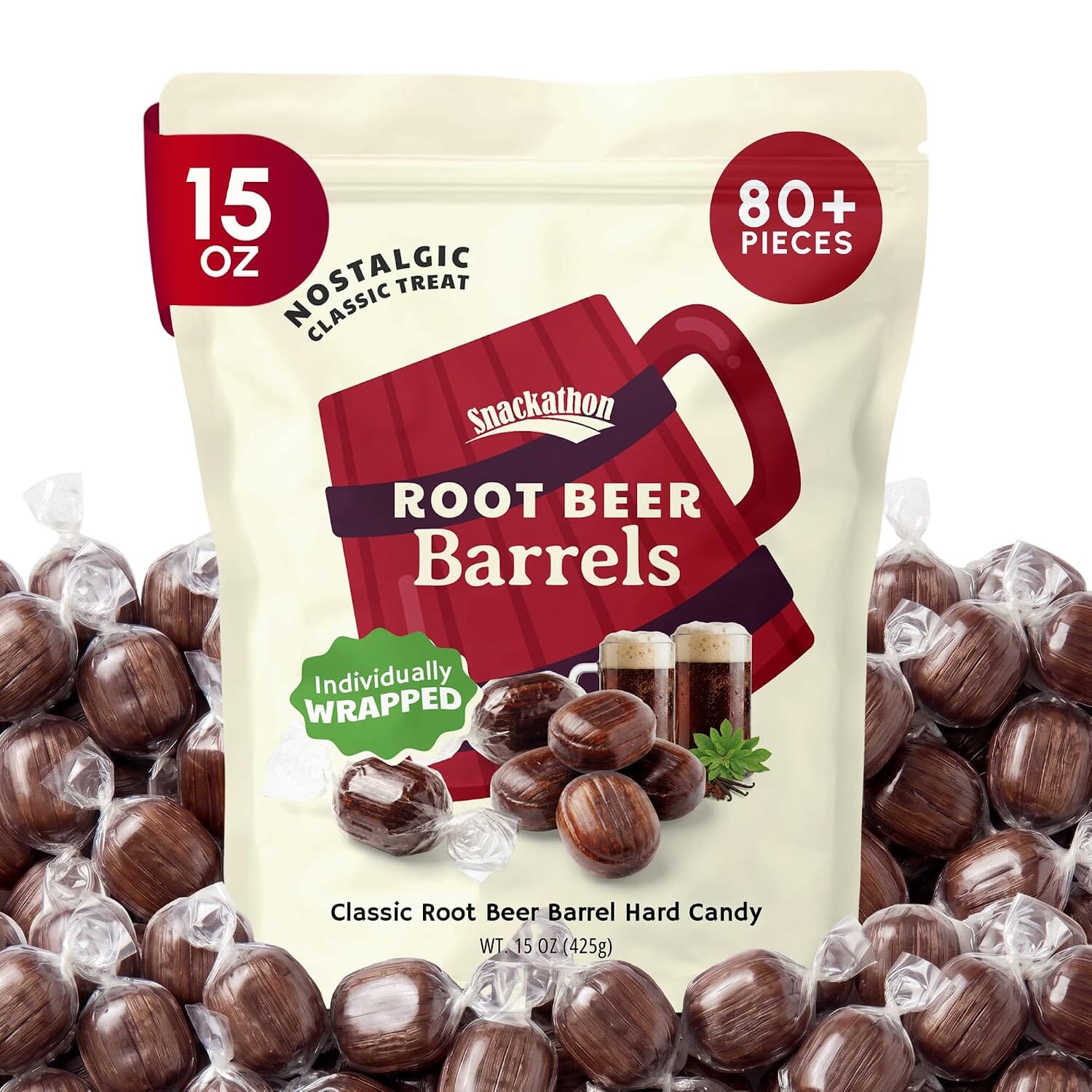 Snackathon Root Beer Barrels Hard Candy, Classic Barrel Shape Snackathon Root Beer Barrels 15 Ounce 