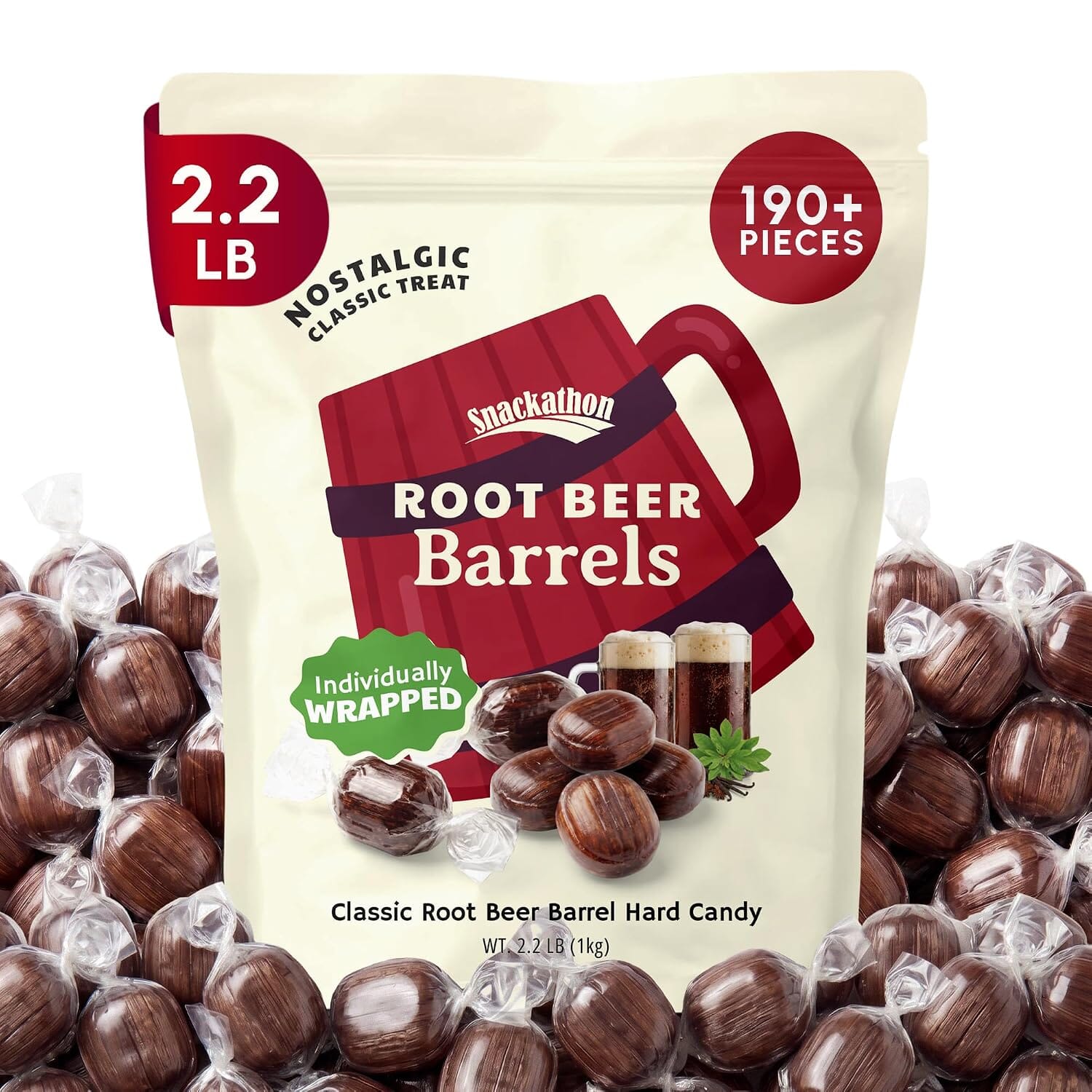 Snackathon Root Beer Barrels Hard Candy, Old Fashioned Rootbeer Candy, Classic Barrel Shape, Resealable Bag for Sharing & Candy Bowls Snackathon Root Beer Barrels 2.2 Pound 