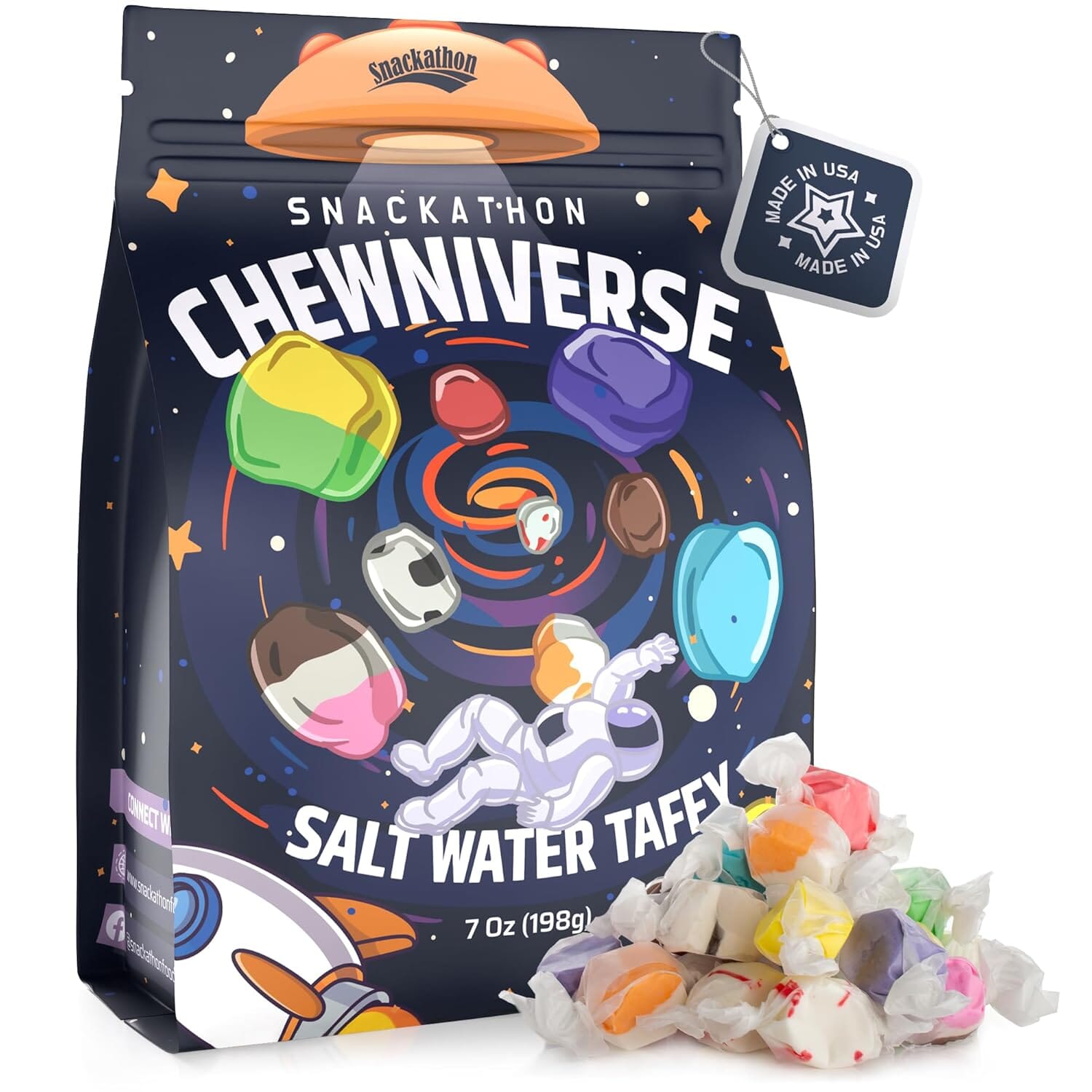 Snackathon Salt Water Taffy Assorted Mix – Chewniverse Edition, 10 Flavor Variety, Individually Wrapped Soft & Chewy Gourmet Candy, Unique 7 oz Themed Bag for Gifting Snackathon 