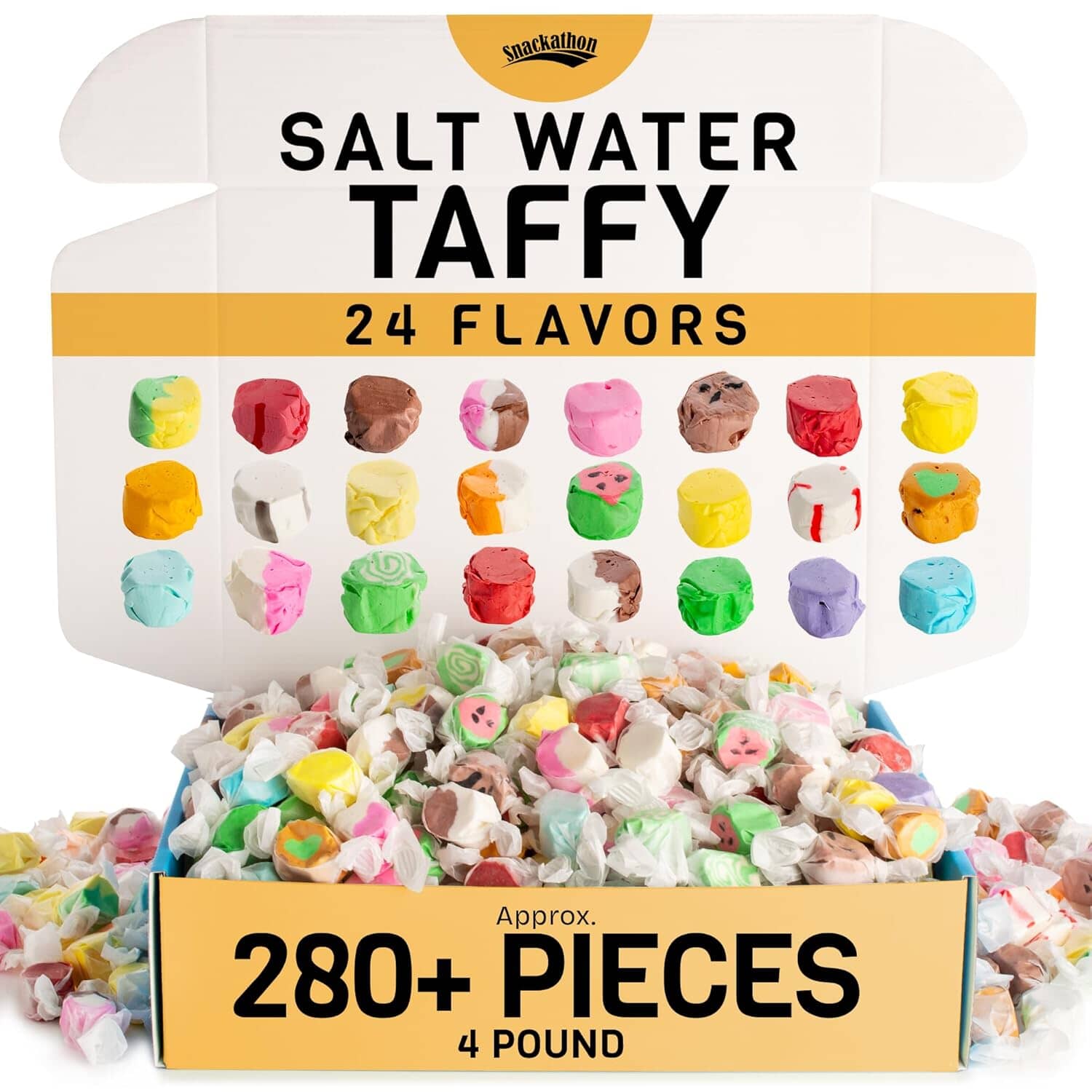Snackathon Salt Water Taffy Assorted Mix – Flavor Variety, Bulk 2 LB Family Size, Soft & Chewy Gourmet Candy, Individually Wrapped Pieces Snackathon 24 Flavor Variety 