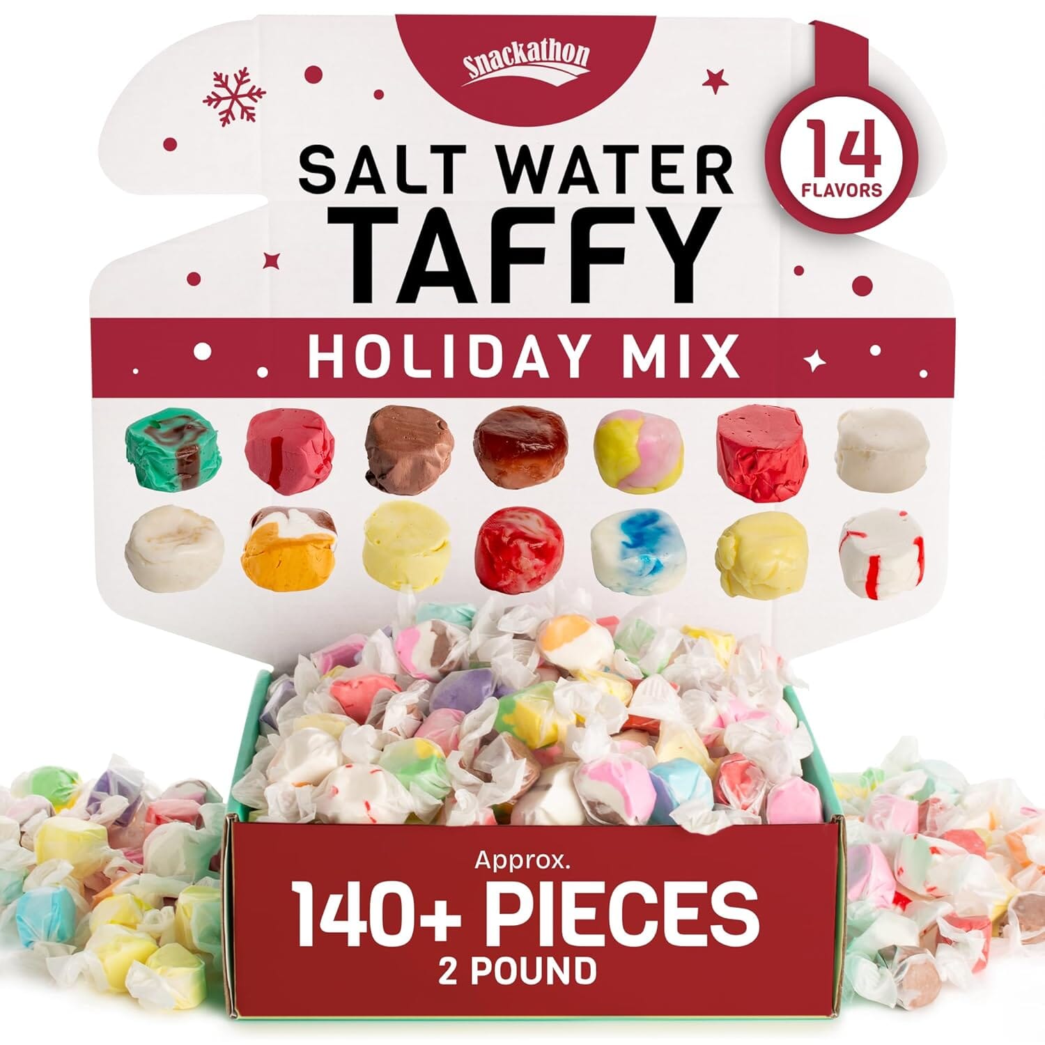 Snackathon Salt Water Taffy Assorted Mix – Holiday Edition, Individually Wrapped Pieces Snackathon 14-Flavor Variety 