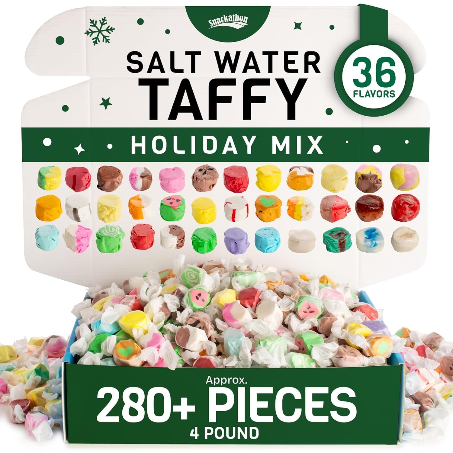 Snackathon Salt Water Taffy Assorted Mix – Holiday Edition, Individually Wrapped Pieces Snackathon 36-Flavor Variety 