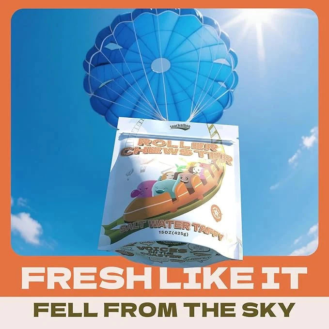 Snackathon Salt Water Taffy Assorted Mix – Roller Chewster Edition, 10-Flavor Carnival Variety, Individually Wrapped Soft & Chewy Gourmet Candy, Unique 15 oz Funfair-Themed Bag for Gifting Snackathon 