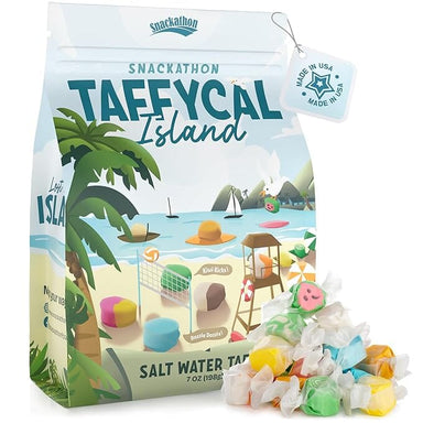 Snackathon Salt Water Taffy Assorted Mix – Taffycal Island Edition, 10-Flavor Tropical Variety, Individually Wrapped Soft & Chewy Gourmet Candy, Unique 7 oz Themed Bag for Gifting Snackathon 7 Ounce 