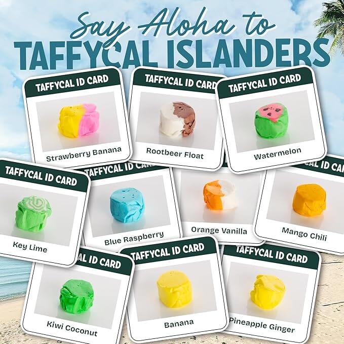 Snackathon Salt Water Taffy Assorted Mix – Taffycal Island Edition, 10-Flavor Tropical Variety, Individually Wrapped Soft & Chewy Gourmet Candy, Unique 7 oz Themed Bag for Gifting Snackathon 