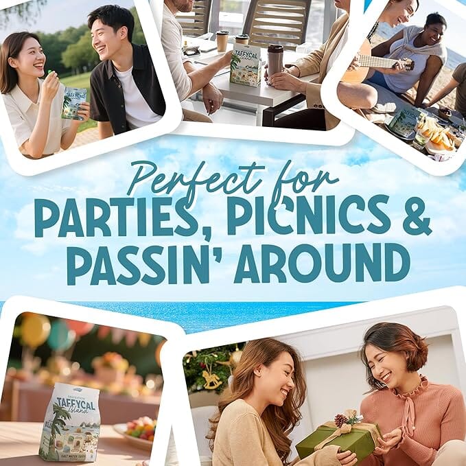 Snackathon Salt Water Taffy Assorted Mix – Taffycal Island Edition, 10-Flavor Tropical Variety, Individually Wrapped Soft & Chewy Gourmet Candy, Unique 7 oz Themed Bag for Gifting Snackathon 