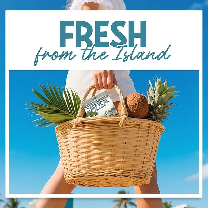 Snackathon Salt Water Taffy Assorted Mix – Taffycal Island Edition, 10-Flavor Tropical Variety, Individually Wrapped Soft & Chewy Gourmet Candy, Unique 7 oz Themed Bag for Gifting Snackathon 