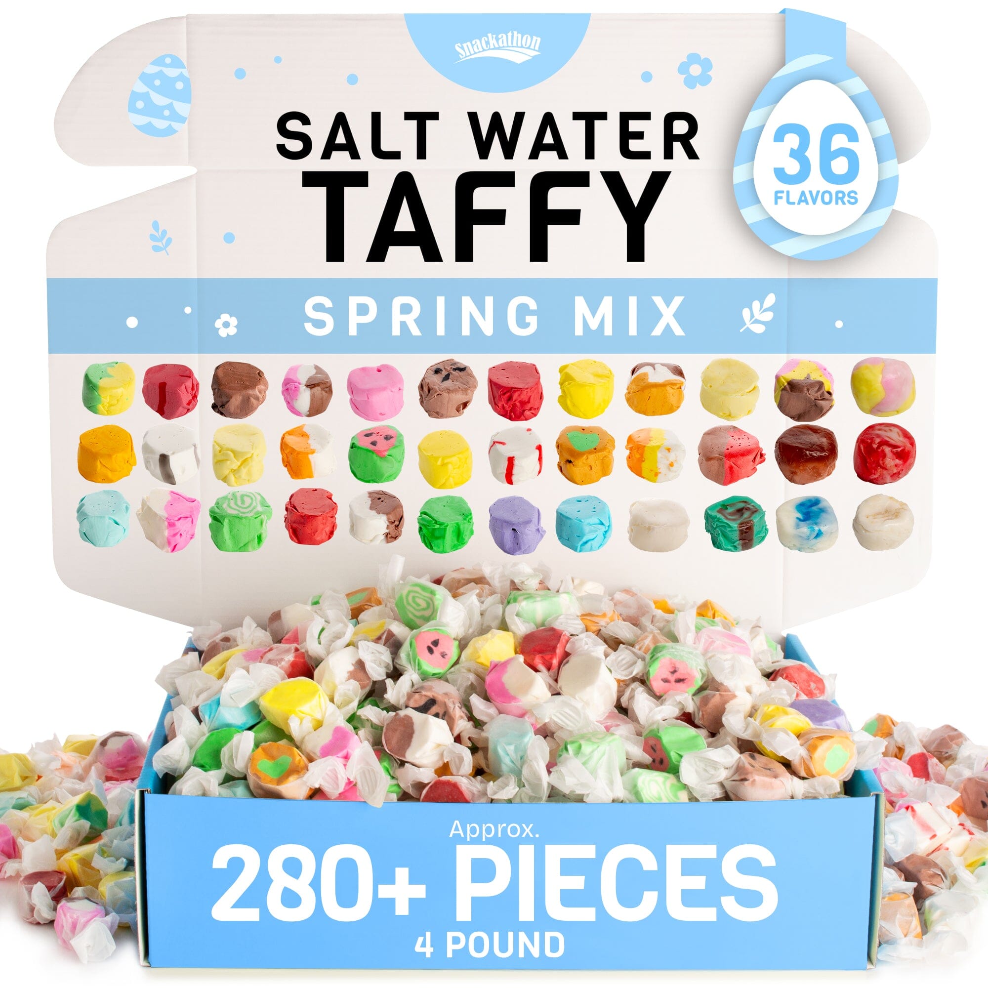 Snackathon Salt Water Taffy, Assorted Spring Mix, Soft & Chewy Gourmet Candy Bulk Snackathon 36-Flavor Variety 