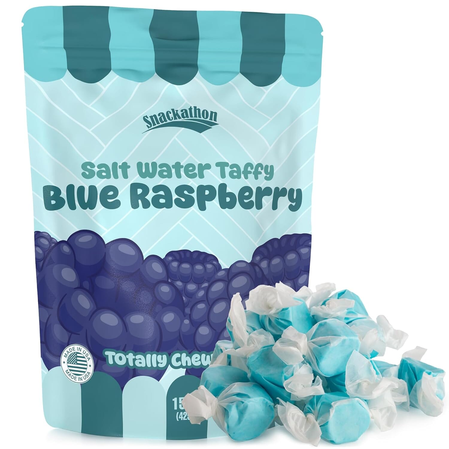 Snackathon Salt Water Taffy Single Flavor, Bulk Individually Wrapped Gourmet Candy, Soft & Chewy Sweet Treats, 15 oz Resealable Bag Snackathon Blue Raspberry 