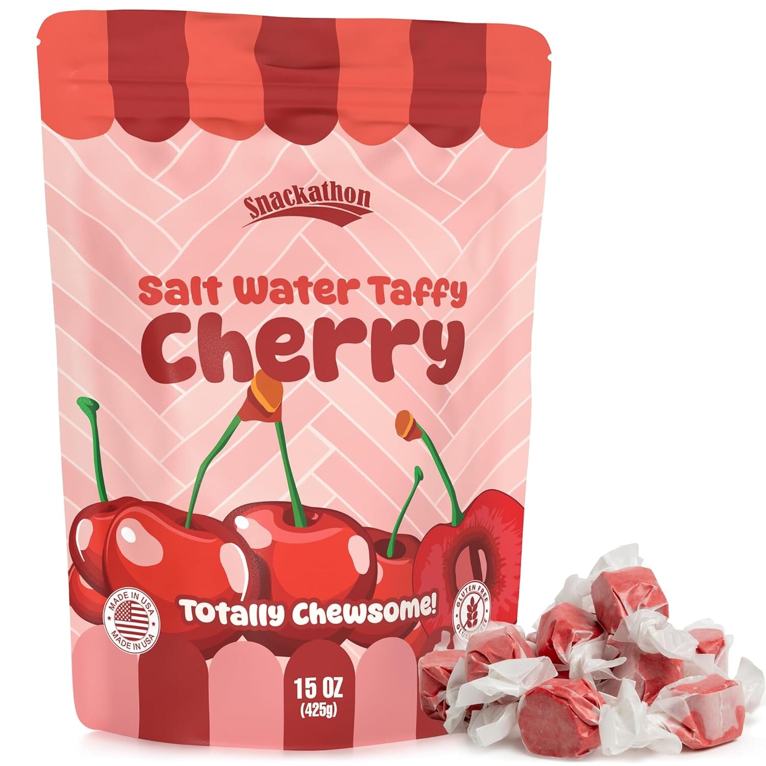 Snackathon Salt Water Taffy Single Flavor, Bulk Individually Wrapped Gourmet Candy, Soft & Chewy Sweet Treats, 15 oz Resealable Bag Snackathon Cherry 