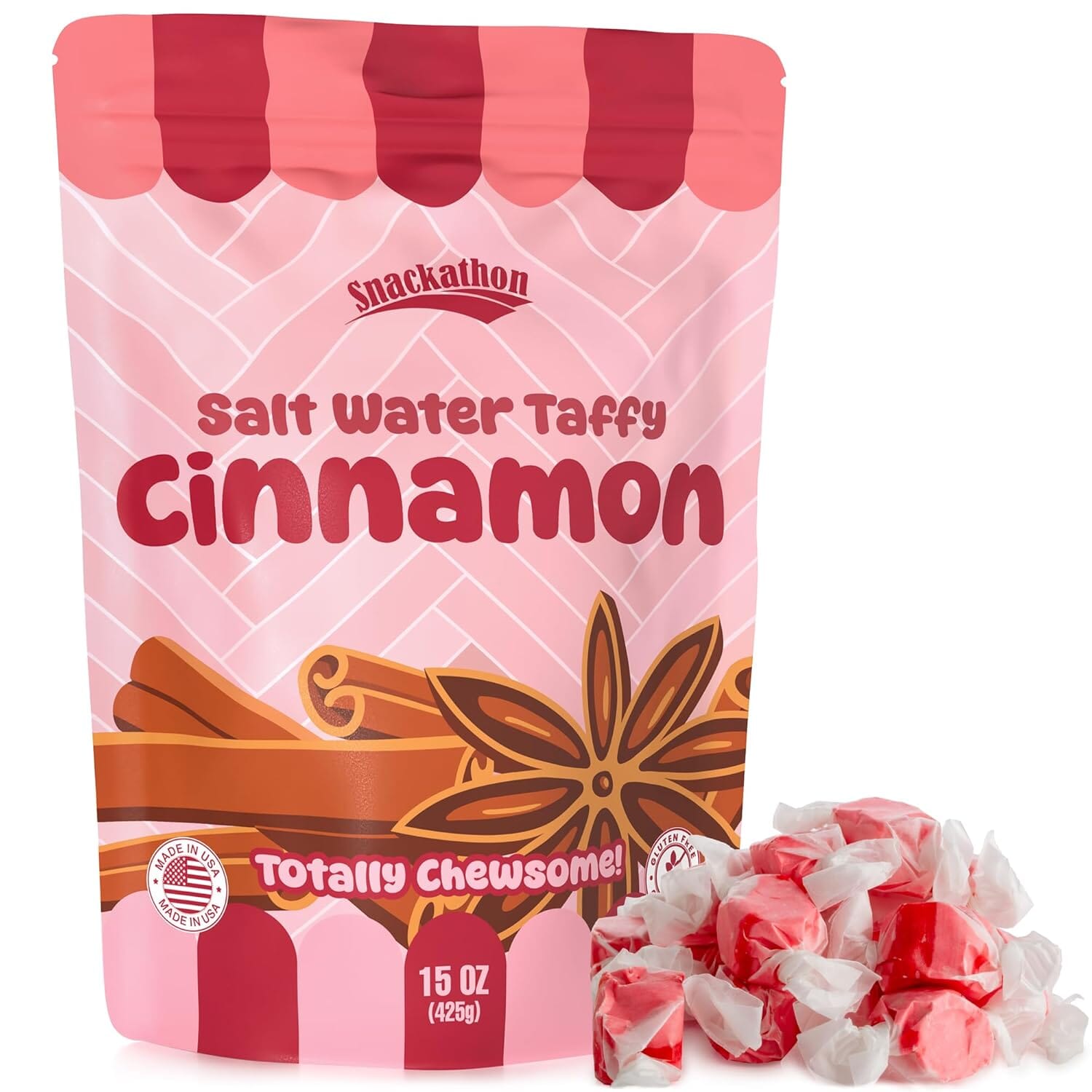 Snackathon Salt Water Taffy Single Flavor, Bulk Individually Wrapped Gourmet Candy, Soft & Chewy Sweet Treats, 15 oz Resealable Bag Snackathon Cinnamon 