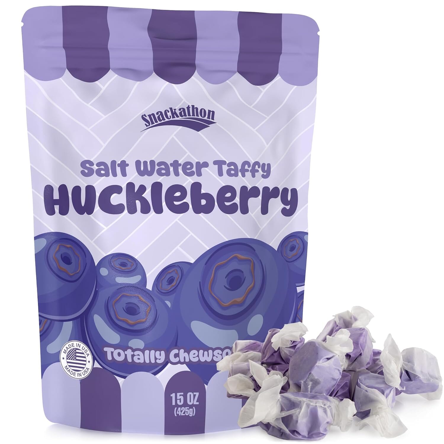 Snackathon Salt Water Taffy Single Flavor, Bulk Individually Wrapped Gourmet Candy, Soft & Chewy Sweet Treats, 15 oz Resealable Bag Snackathon Huckleberry 