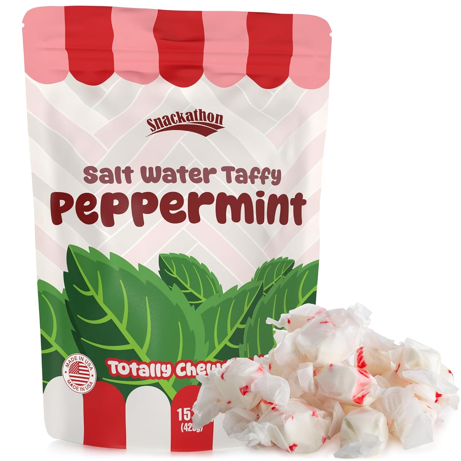 Snackathon Salt Water Taffy Single Flavor, Bulk Individually Wrapped Gourmet Candy, Soft & Chewy Sweet Treats, 15 oz Resealable Bag Snackathon Peppermint 