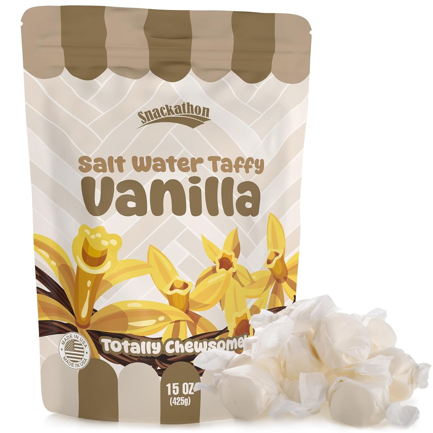 Snackathon Salt Water Taffy Single Flavor, Bulk Individually Wrapped Gourmet Candy, Soft & Chewy Sweet Treats, 15 oz Resealable Bag Snackathon Vanilla 