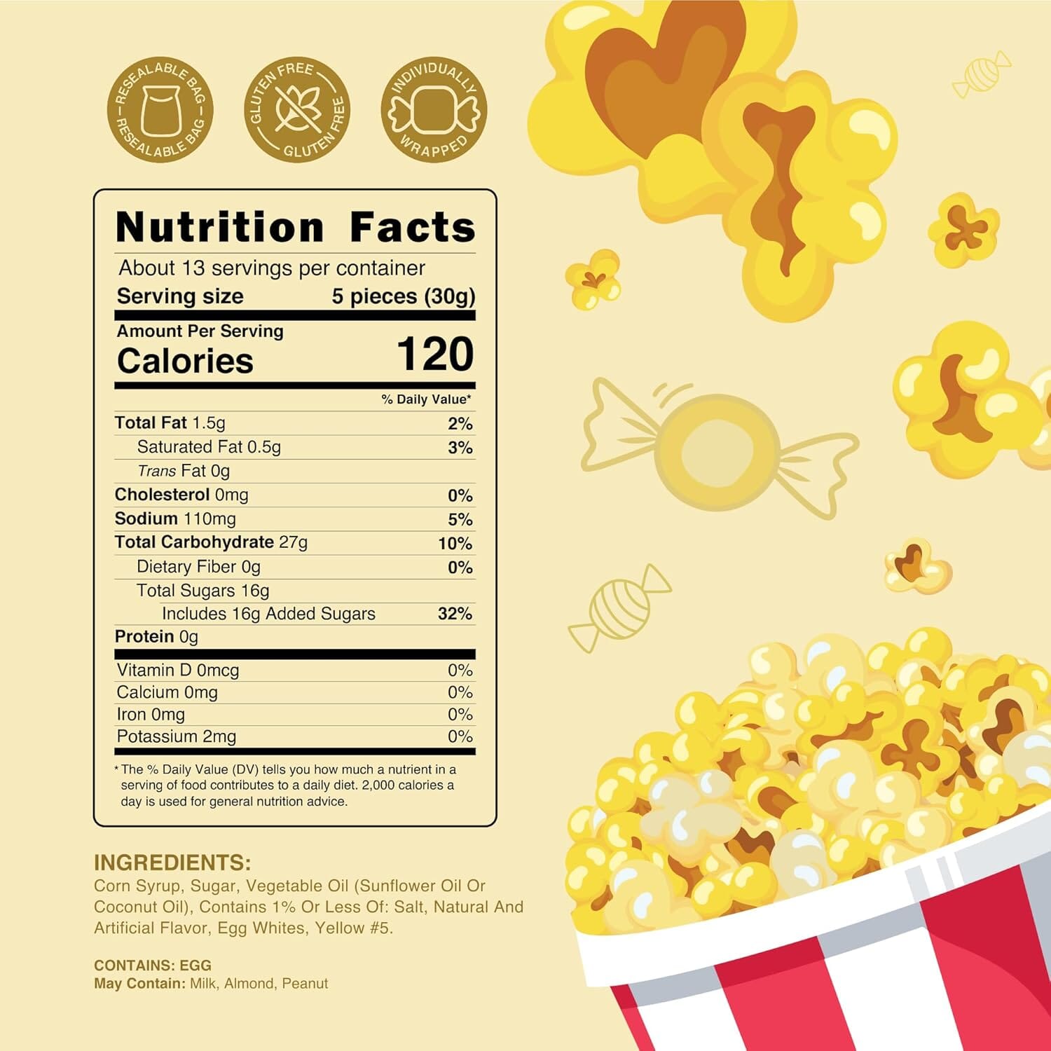 Snackathon Salt Water Taffy Single Flavor, Buttered Popcorn, Bulk Individually Wrapped Gourmet Candy, Soft & Chewy Sweet Treats, 15 oz Resealable Bag Snackathon 