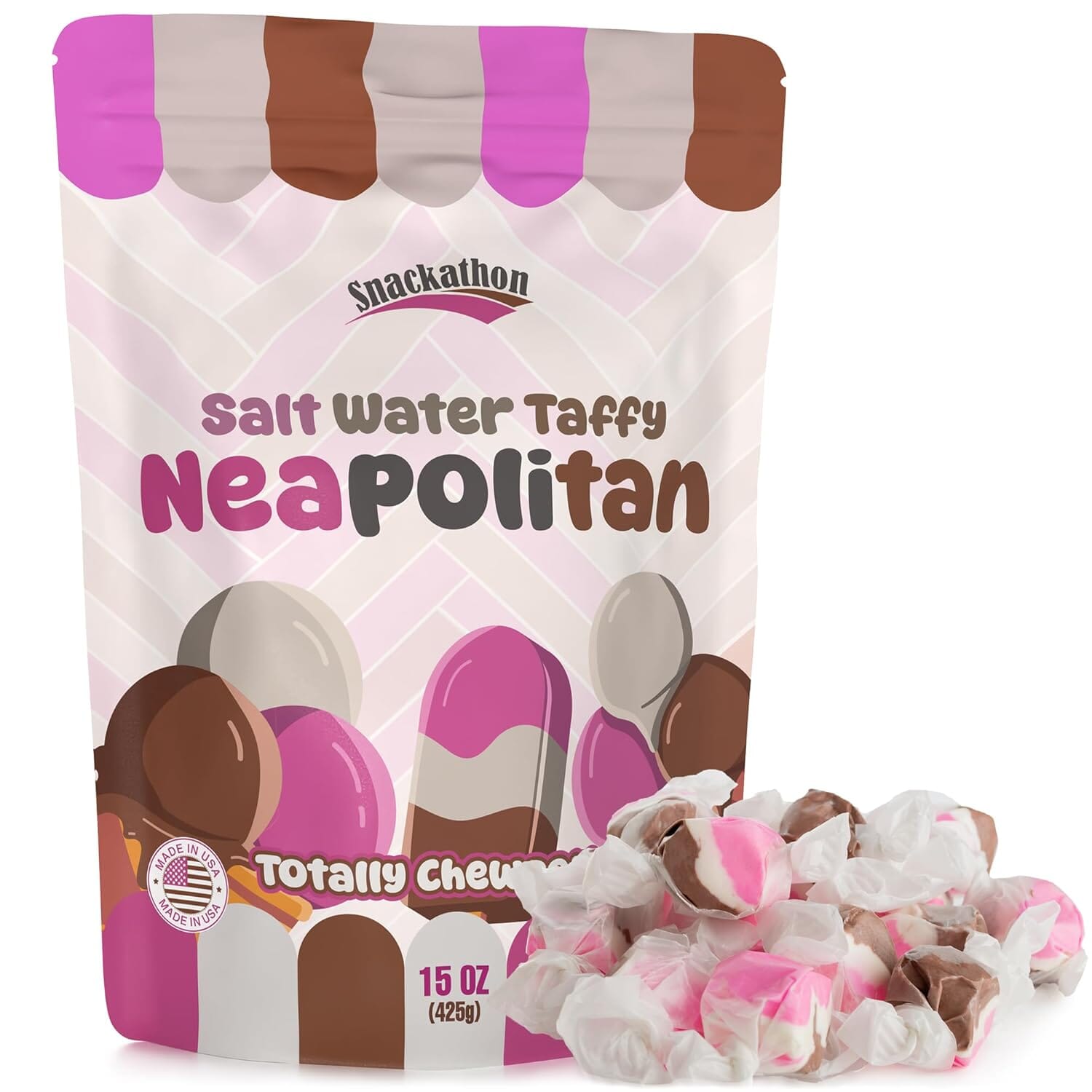 Snackathon Salt Water Taffy Single Flavor, Neapolitan, Bulk Individually Wrapped Gourmet Candy, Soft & Chewy Sweet Treats, 15 oz Resealable Bag Snackathon 