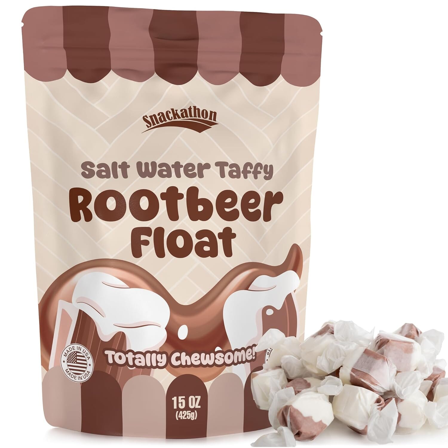 Snackathon Salt Water Taffy Single Flavor, Rootbeer Float, Bulk Individually Wrapped Gourmet Candy, Soft & Chewy Sweet Treats, 15 oz Resealable Bag Snackathon 