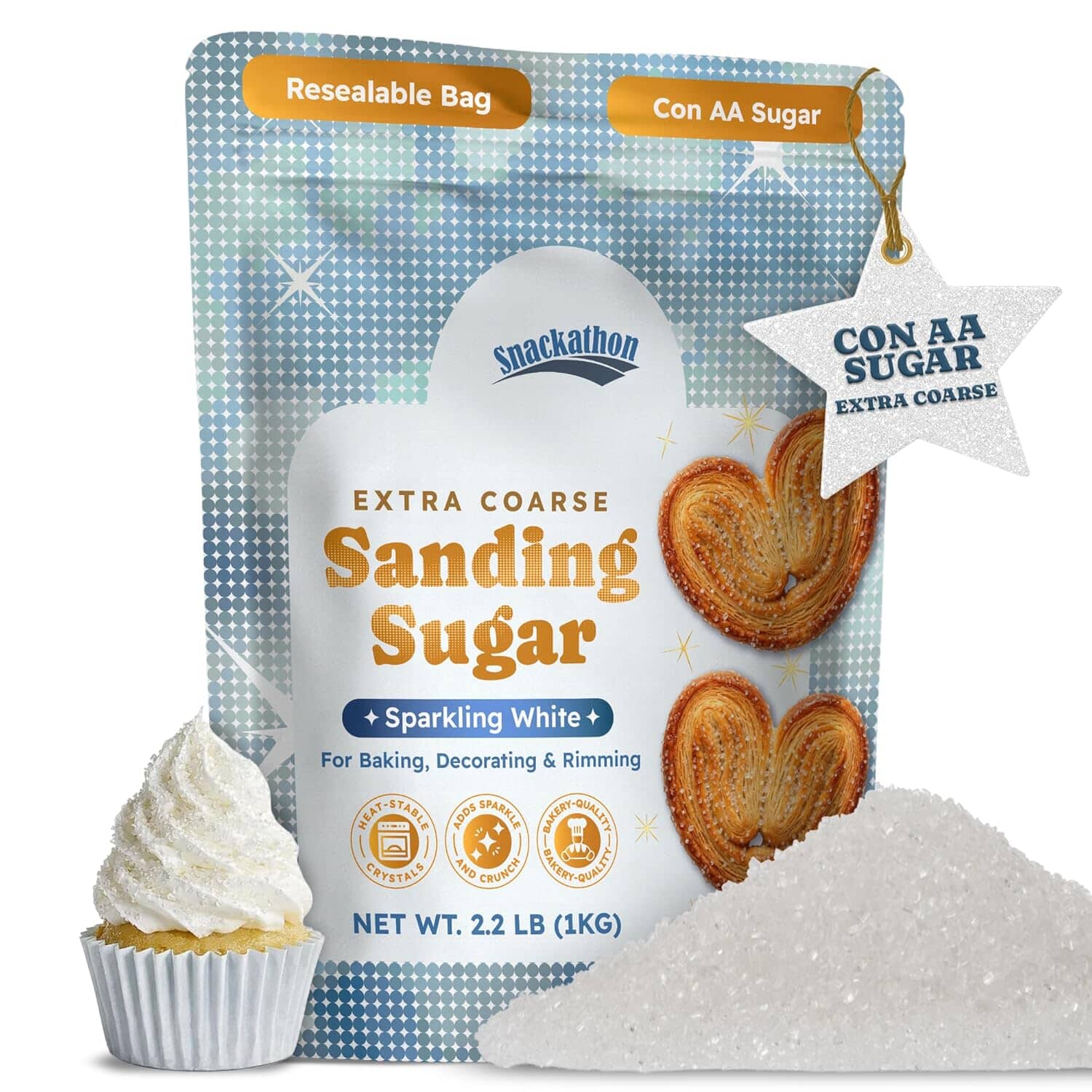 Snackathon Sanding Sugar, Extra Coarse White Sparkling Sugar Crystals, 2.2 LB Resealable Bulk Bag Snackathon Foods 