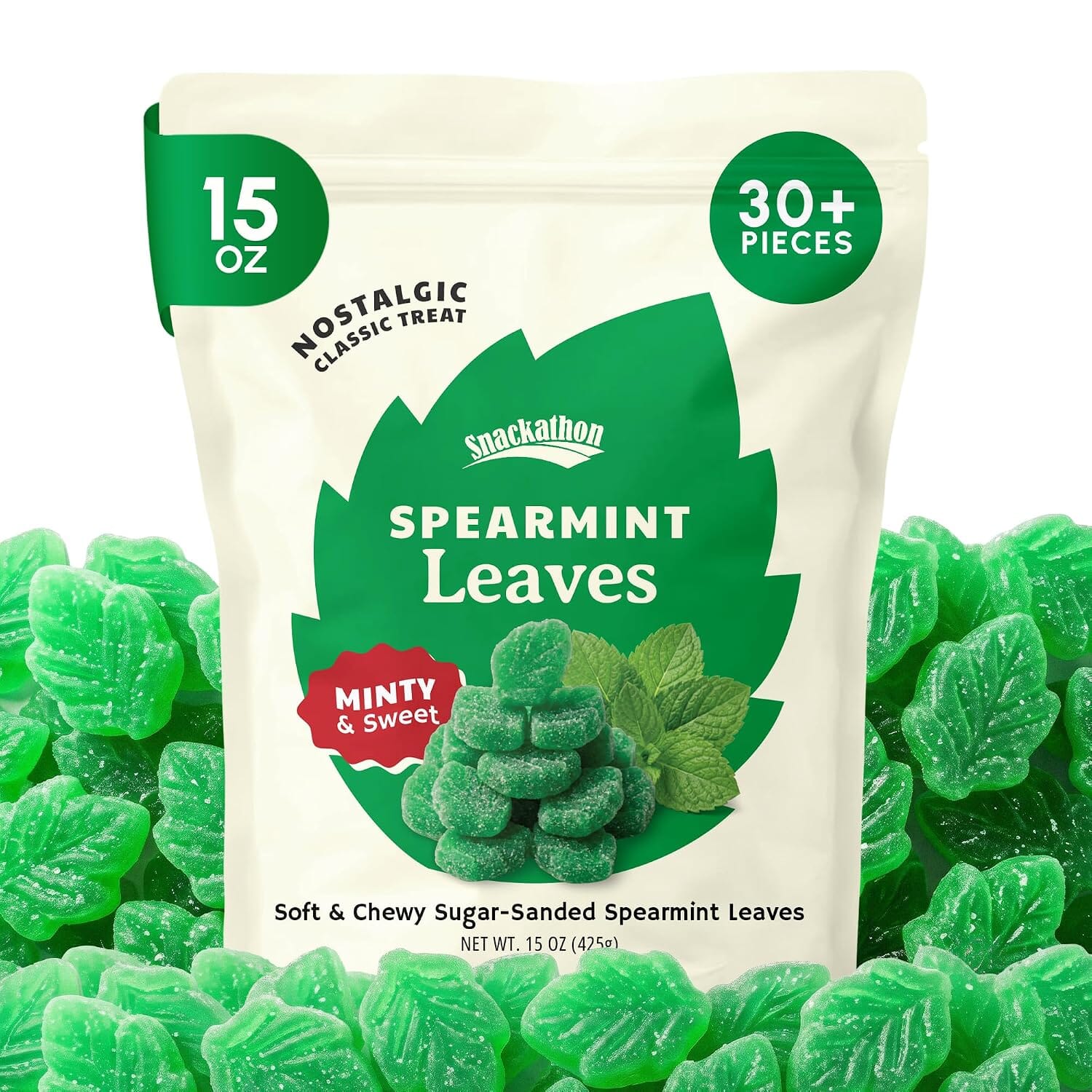 Snackathon Spearmint Leaves Candy, Soft & Chewy Mint Jelly Candy Snackathon Spearmint Leaves 15 Ounce 