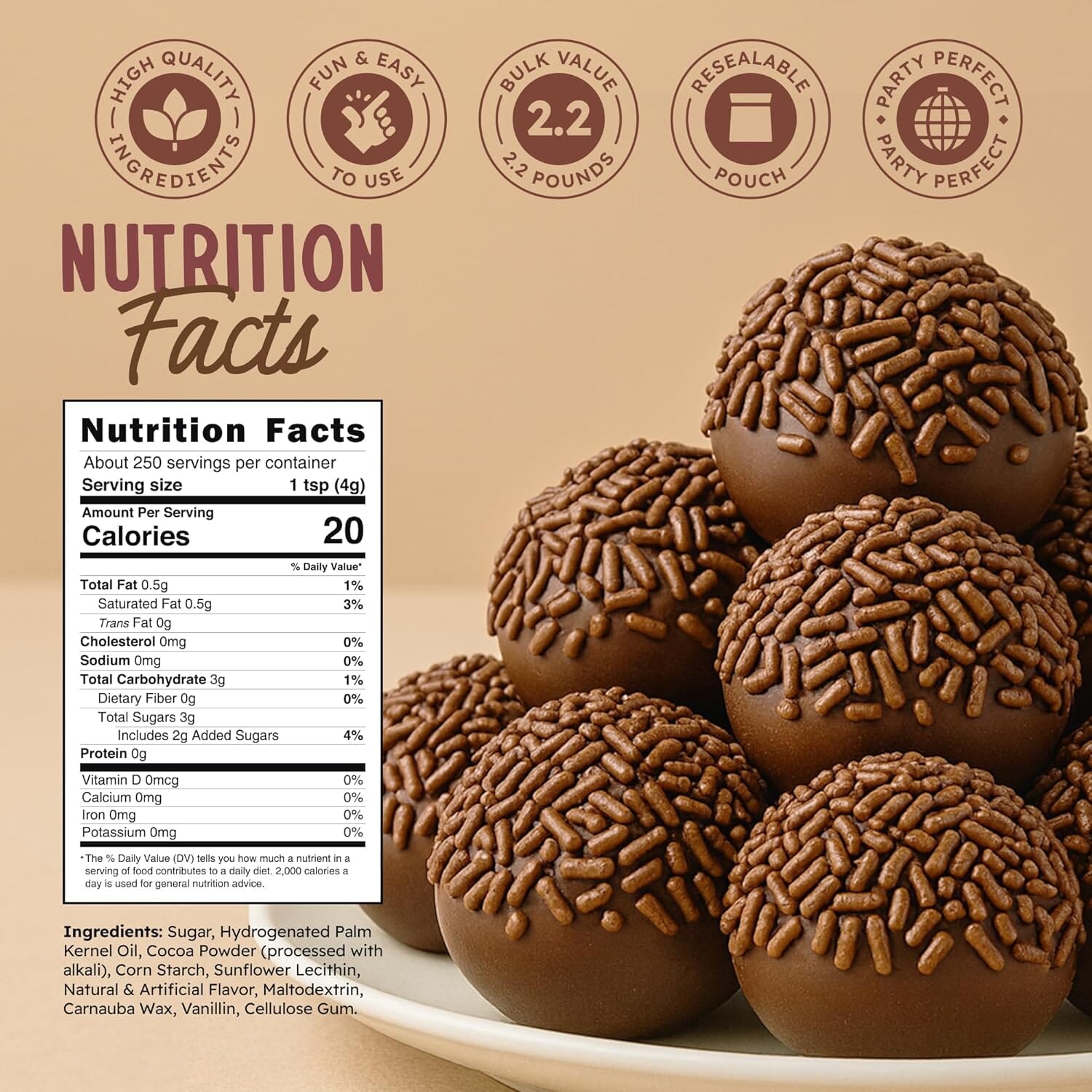 Snackathon Sprinkles for Baking & Decorating, Chocolate Sprinkles, 2.2 LB Bulk Brown Jimmies in Resealable Pouch Snackathon 