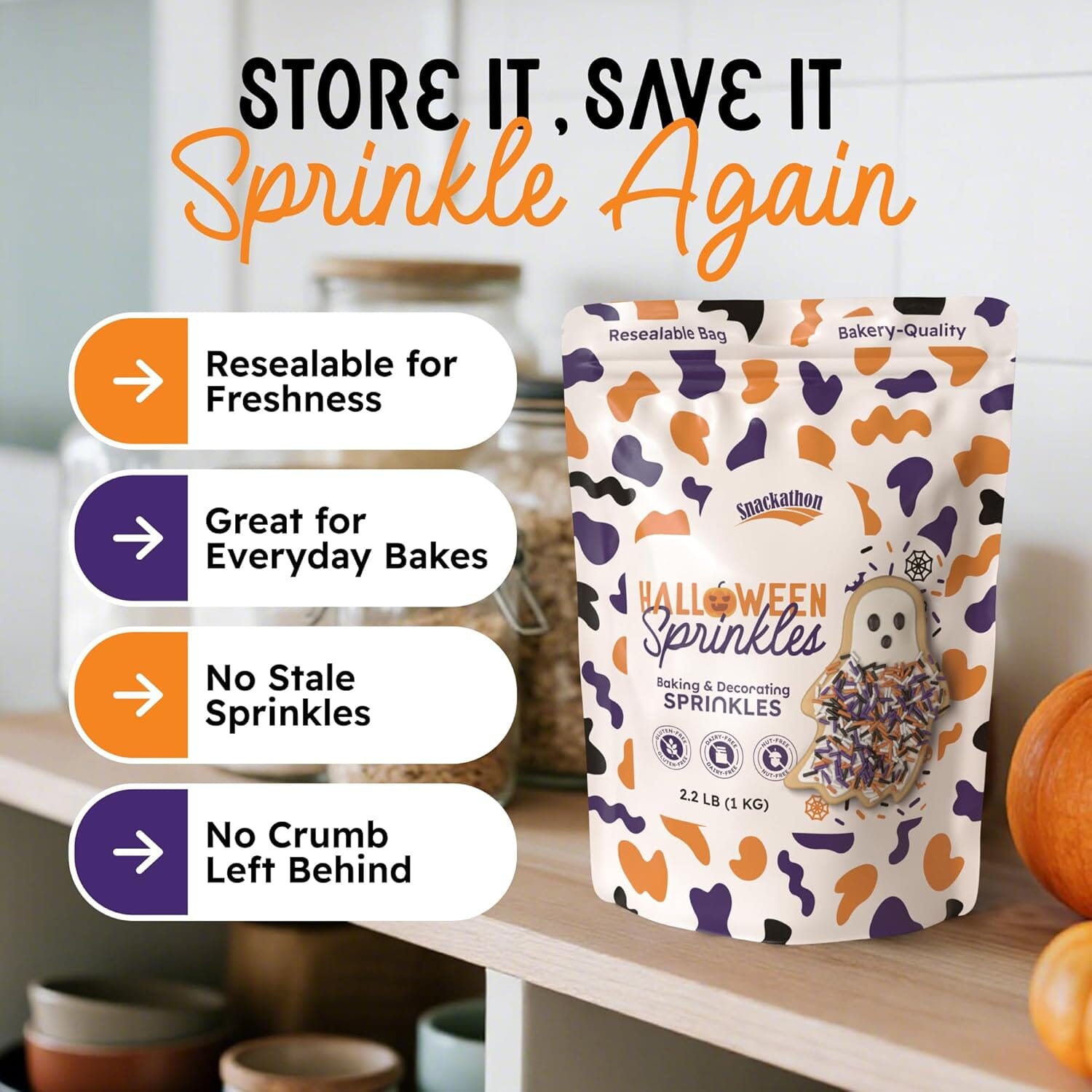 Snackathon Sprinkles for Baking & Decorating, Halloween Sprinkles, 2.2 LB Bulk Spooky Jimmies in Resealable Pouch – Orange, Black, Purple & White Colors for Cupcakes, Cookies, and Treats Snackathon 