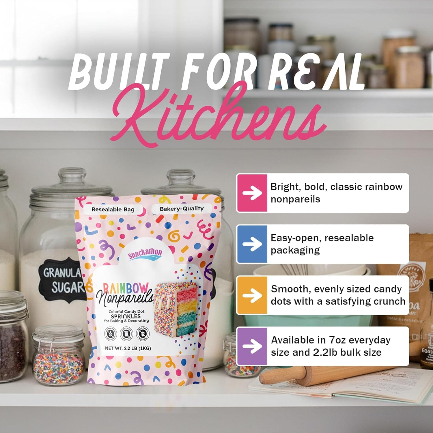 Snackathon Sprinkles for Baking & Decorating, Rainbow Nonpareils, 7 OZ Resealable Bag Snackathon Foods 