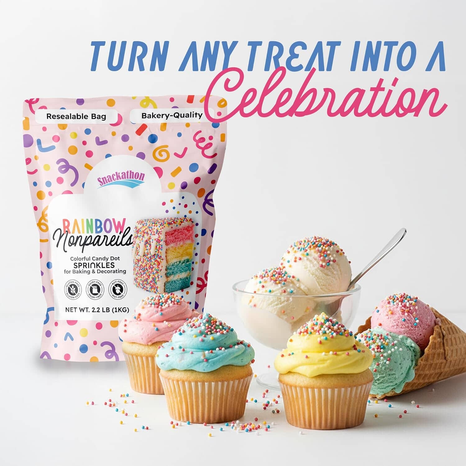 Snackathon Sprinkles for Baking & Decorating, Rainbow Nonpareils, 7 OZ Resealable Bag Snackathon Foods 