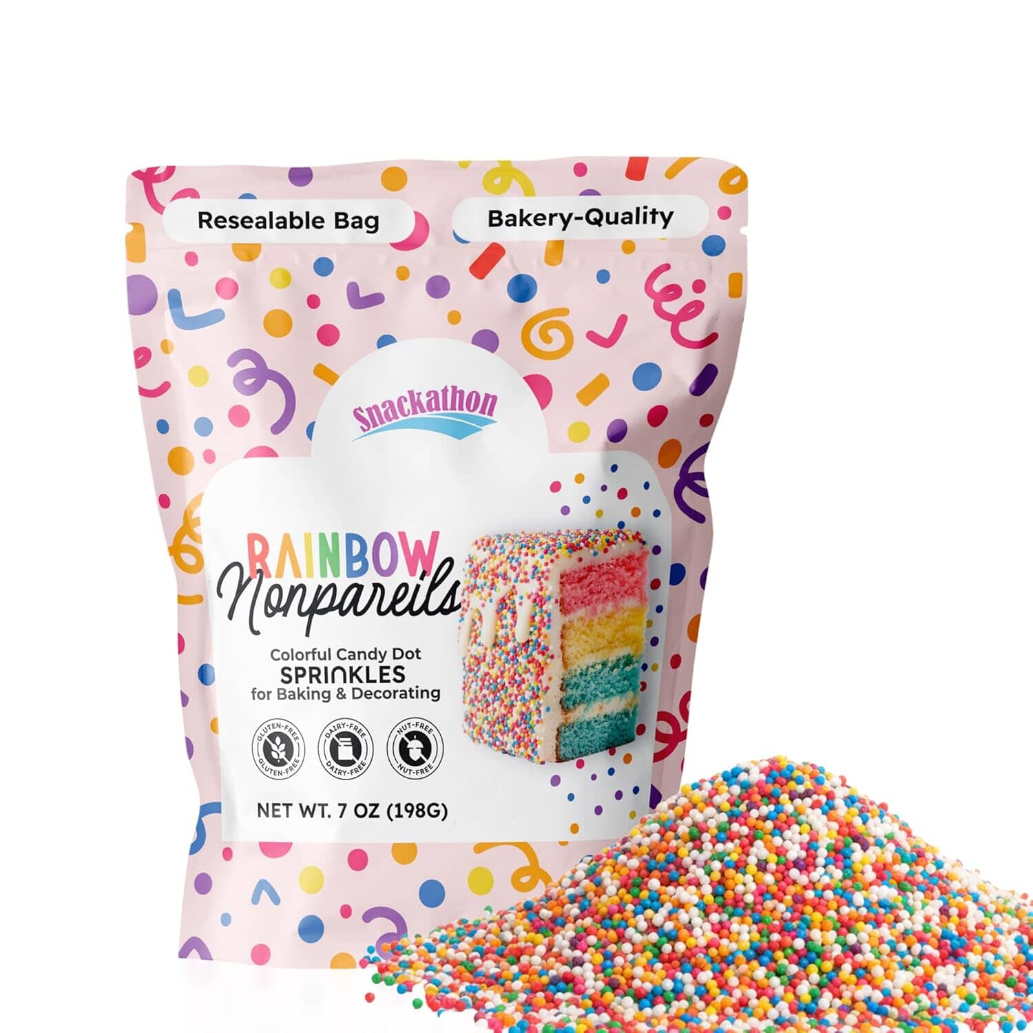 Snackathon Sprinkles for Baking & Decorating, Rainbow Nonpareils With Bulk Resealable Bag Snackathon Foods 7 oz 
