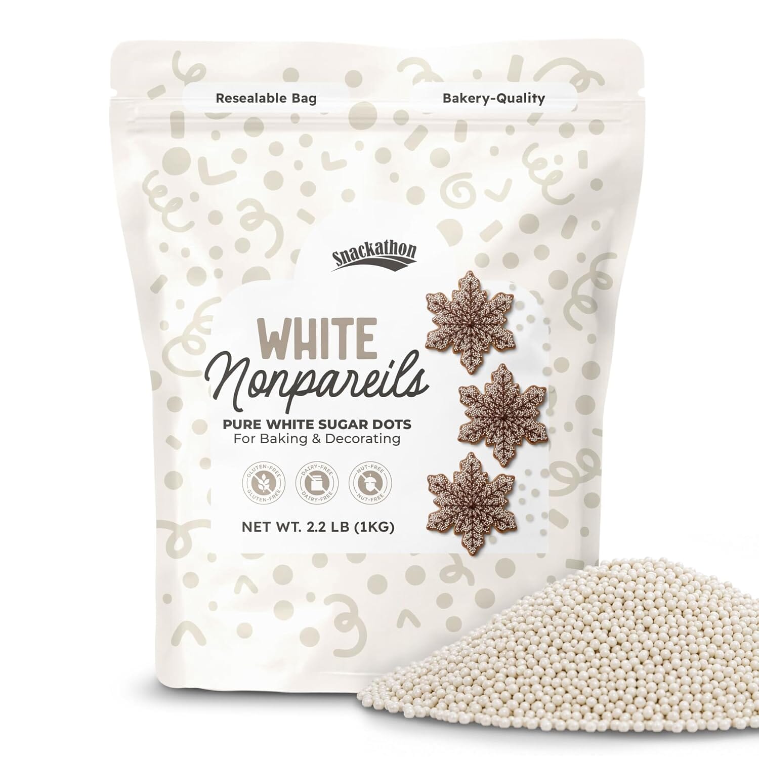 Snackathon Sprinkles for Baking & Decorating, White Nonpareils, Resealable Bag, Bulk White Sugar Dot Sprinkles for Cakes, Ice Cream, Cupcakes, Cake Pops & Dessert Toppings Snackathon White Nonpareils 15 Ounce 