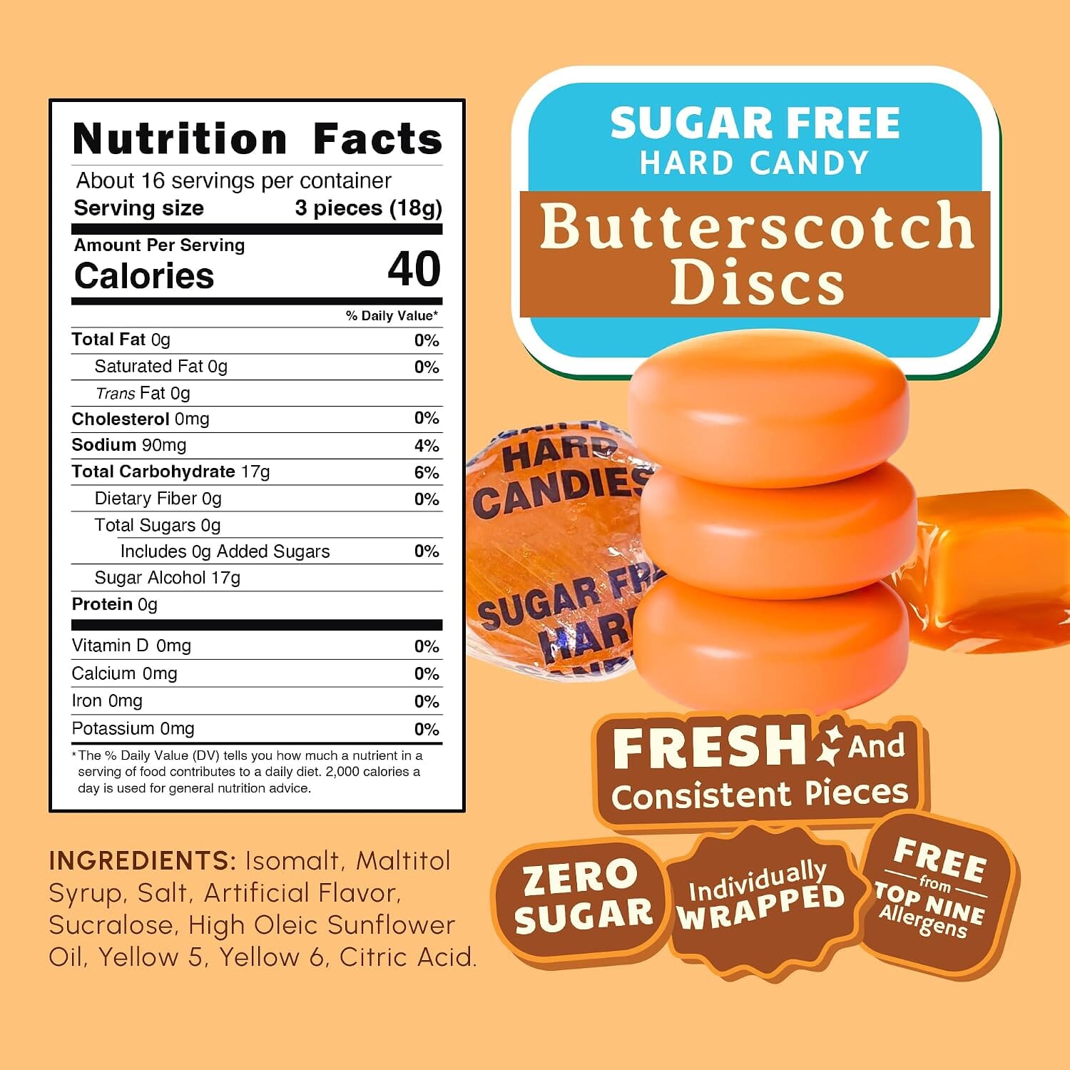 Snackathon Sugar Free Butterscotch Hard Candy, Individually Wrapped Snackathon 