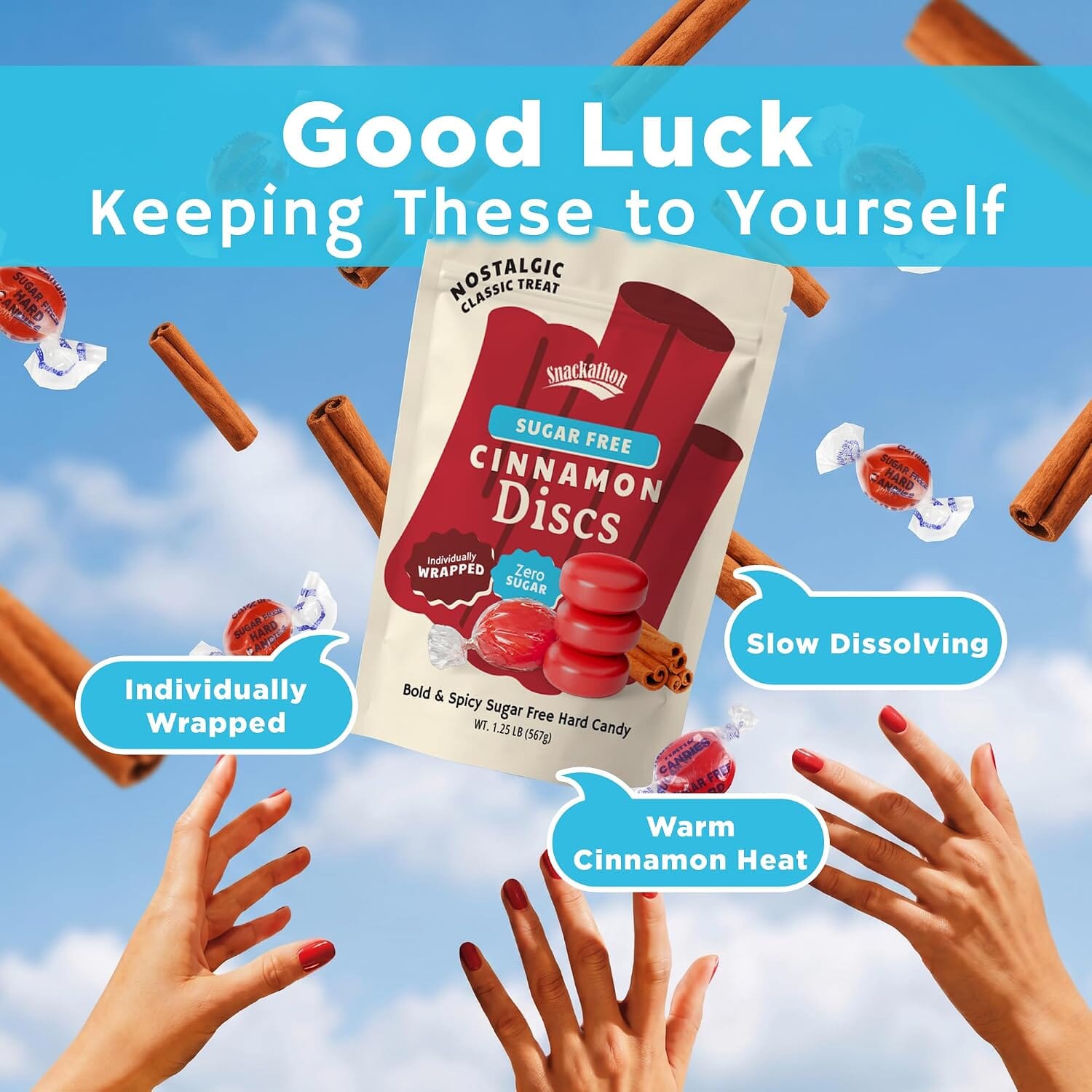 Snackathon Sugar Free Cinnamon Hard Candy Discs, Resealable Bag, Individually Wrapped, Zero Sugar, Old Fashioned Candy, Gluten Free, For Sharing & Gifting Snackathon 