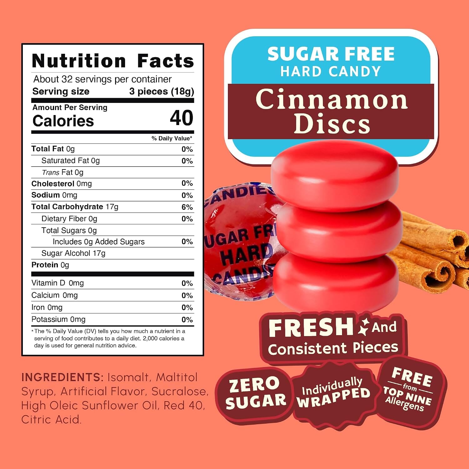 Snackathon Sugar Free Cinnamon Hard Candy Discs, Zero Sugar Old Fashioned Candy Snackathon 