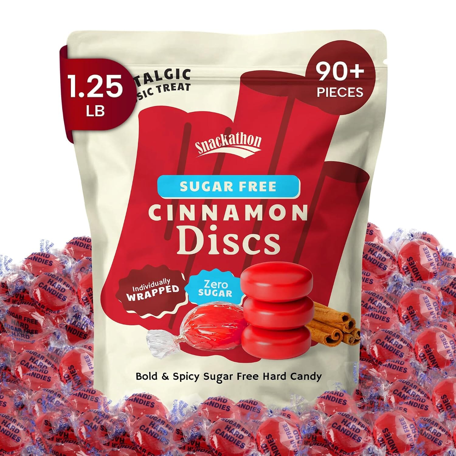 Snackathon Sugar Free Cinnamon Hard Candy Discs, Zero Sugar Old Fashioned Candy Snackathon Cinnamon 1.25 Pound 