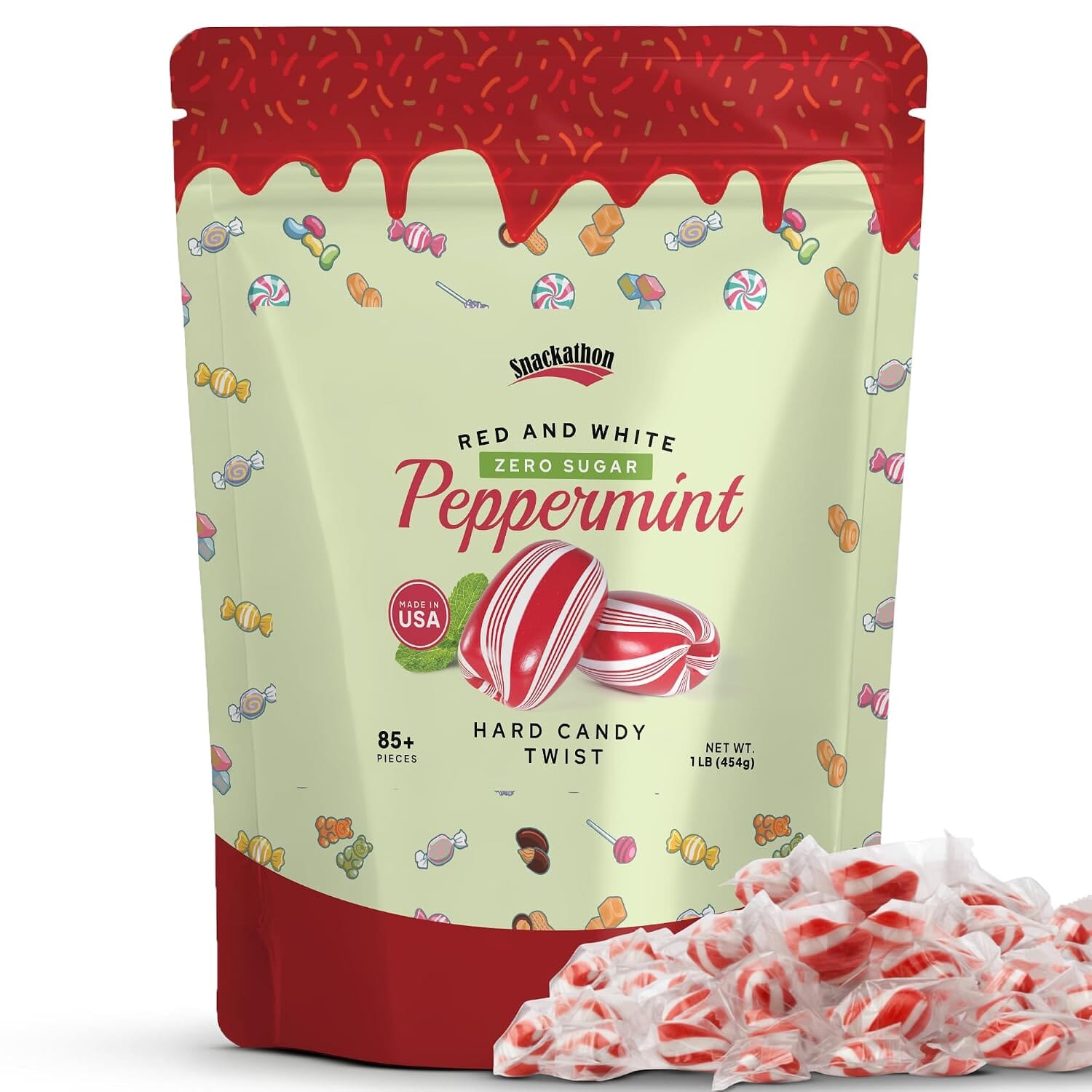 Snackathon Sugar-Free Cylinder-Shaped Twists Hard Candy, Bulk Individually Wrapped, Red & White Peppermint Twists, 1 Pound Snackathon Peppermint (Natural Red & White) 1 Pound 