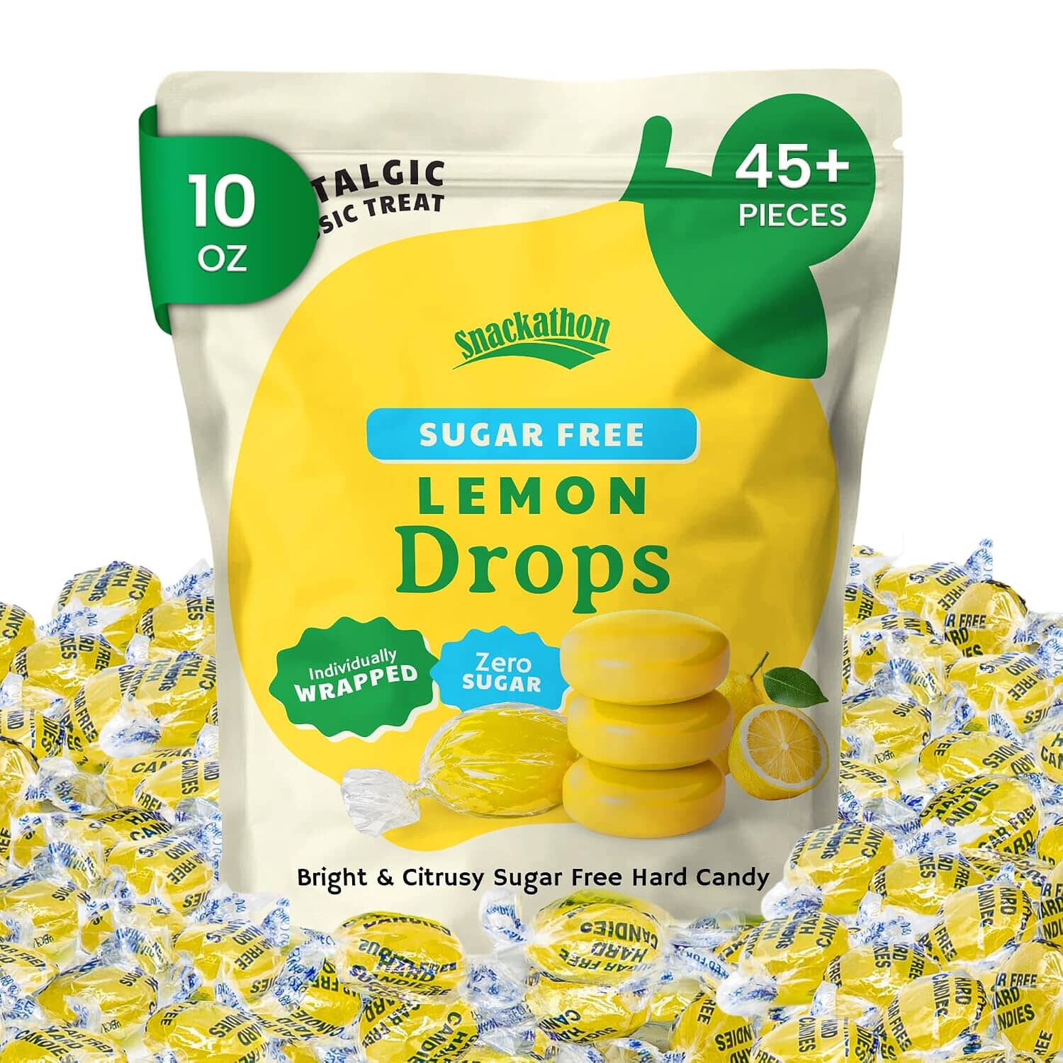 Snackathon Sugar Free Lemon Drops Hard Candy, Zero Sugar, Old Fashioned Candy Treats Snackathon Lemon 10 Ounce 