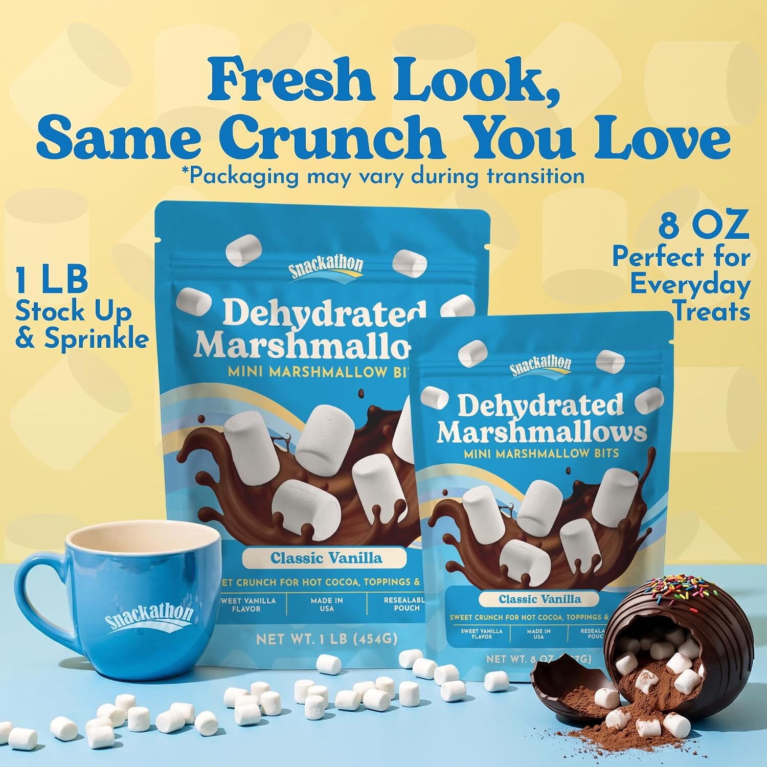 Snackathon Vanilla Mini Dehydrated Marshmallows, Resealable Bulk Bag, Crunchy White Mini Bits Marshmallow Topping for Hot Chocolate, Cocoa Bar, Cupcakes, Baking, Snacks & Sweet Desserts Snackathon 