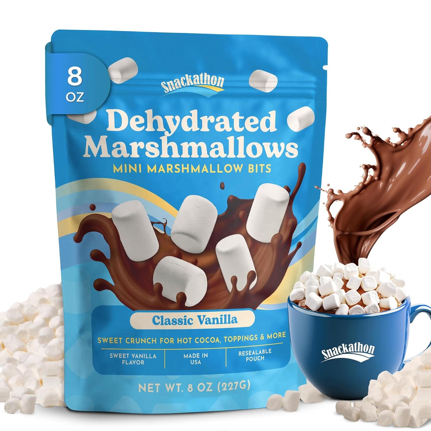 Snackathon Vanilla Mini Dehydrated Marshmallows, Resealable Bulk Bag, Crunchy White Mini Bits Marshmallow Topping for Hot Chocolate, Cocoa Bar, Cupcakes, Baking, Snacks & Sweet Desserts Snackathon 8 Ounce 