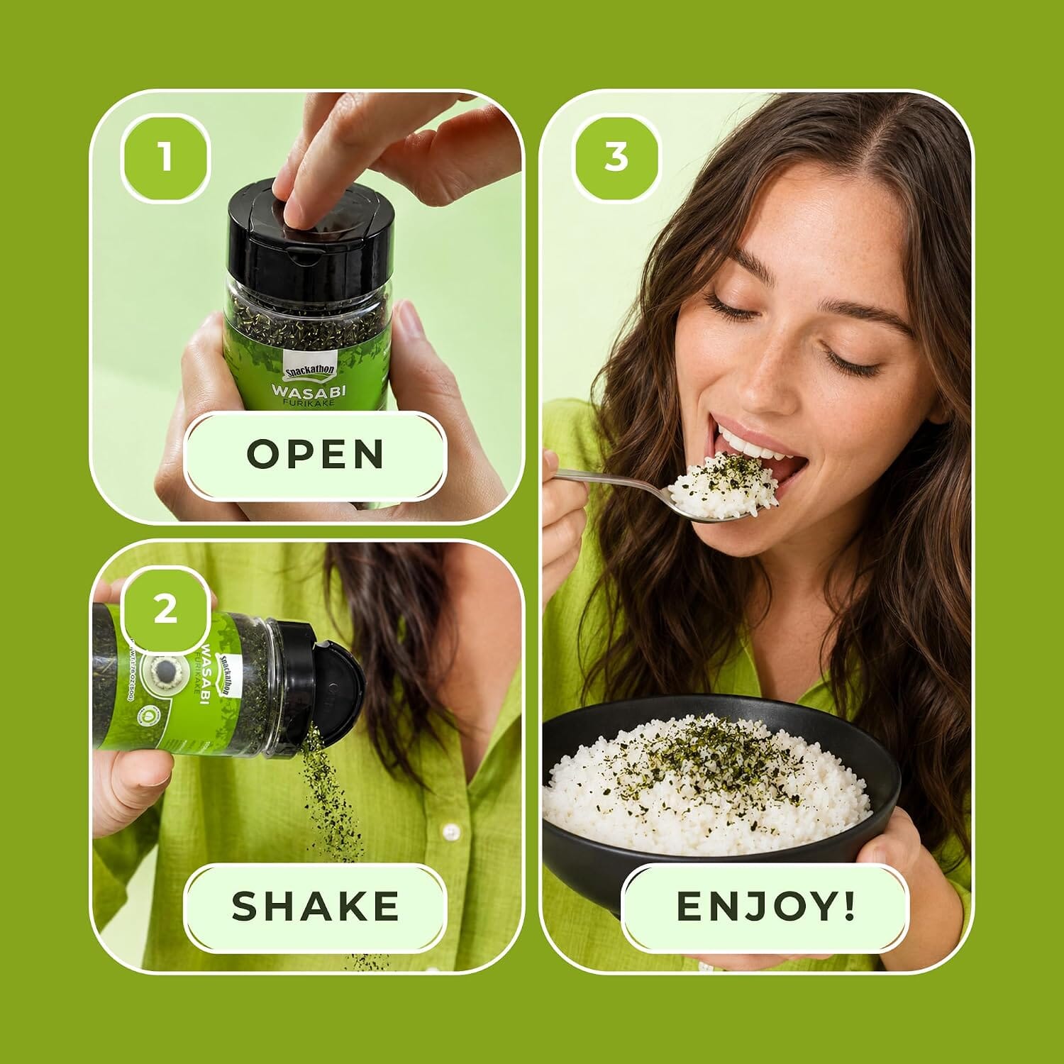 Snackathon Wasabi Furikake Rice Seasoning, 1.76 oz Jar, Real Wasabi Leaves East and Else 
