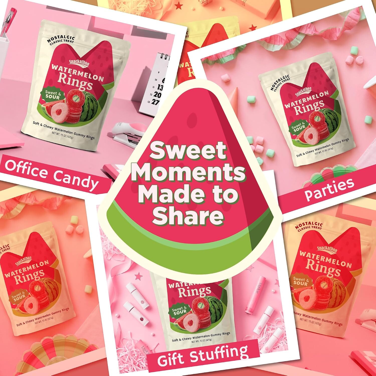 Snackathon Watermelon Rings Gummy Candy, Soft & Chewy Pink Gummies Snackathon 