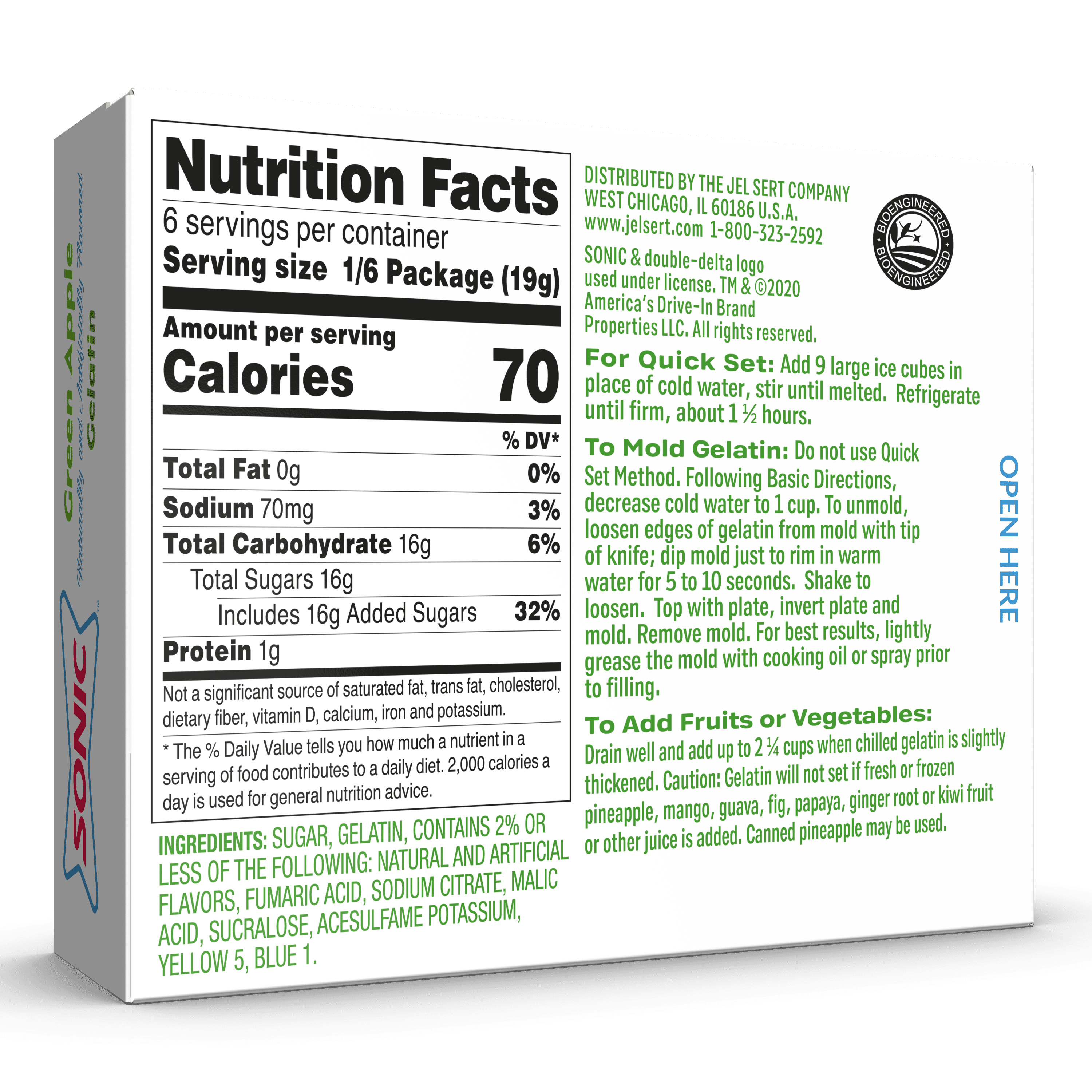Sonic Green Apple Gelatin Mix, 6 Servings, 3.94 oz Cardboard Box Sonic 