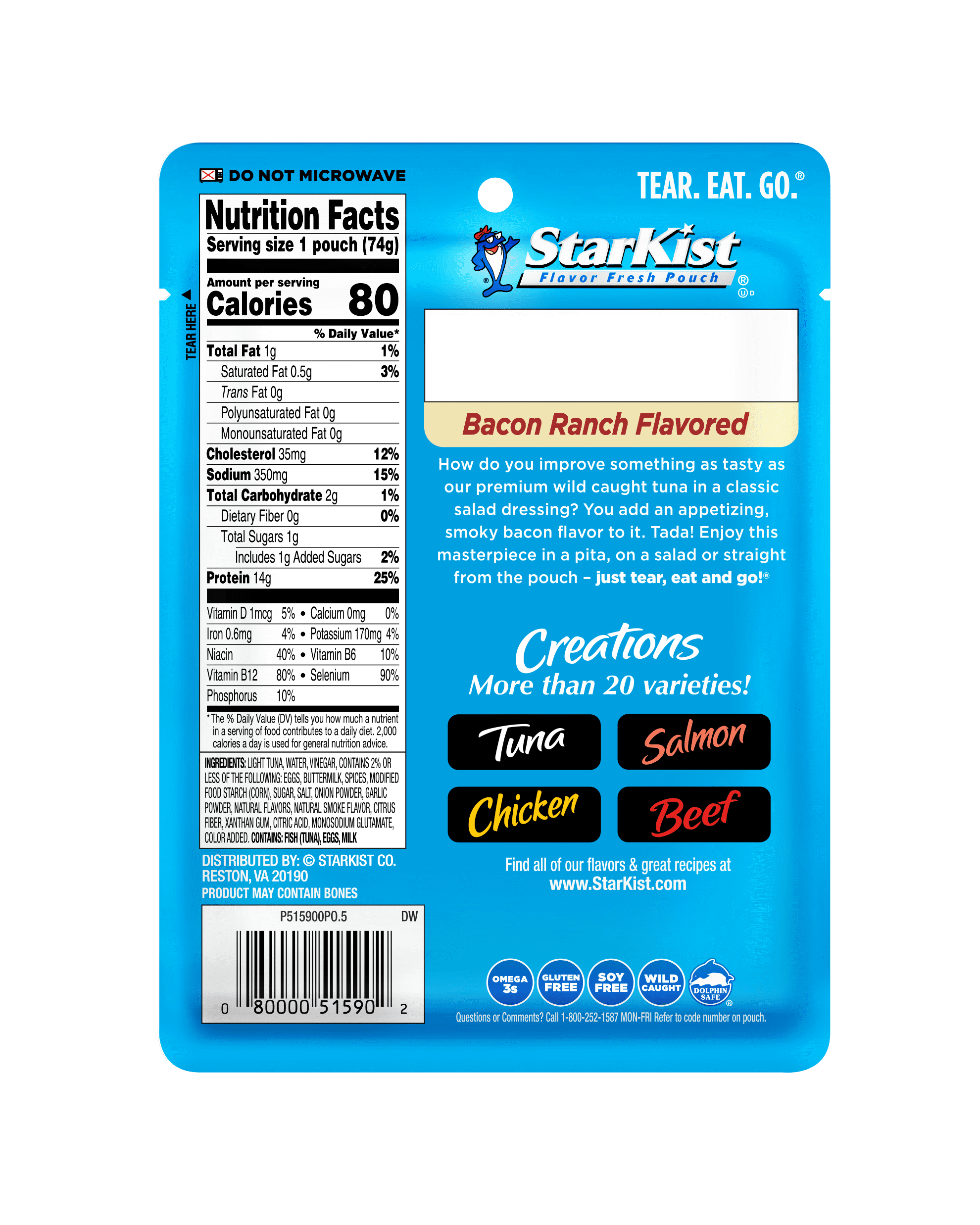 StarKist Tuna Creations, Bacon Ranch, 15g Protein, 2.6 oz Pouch StarKist 