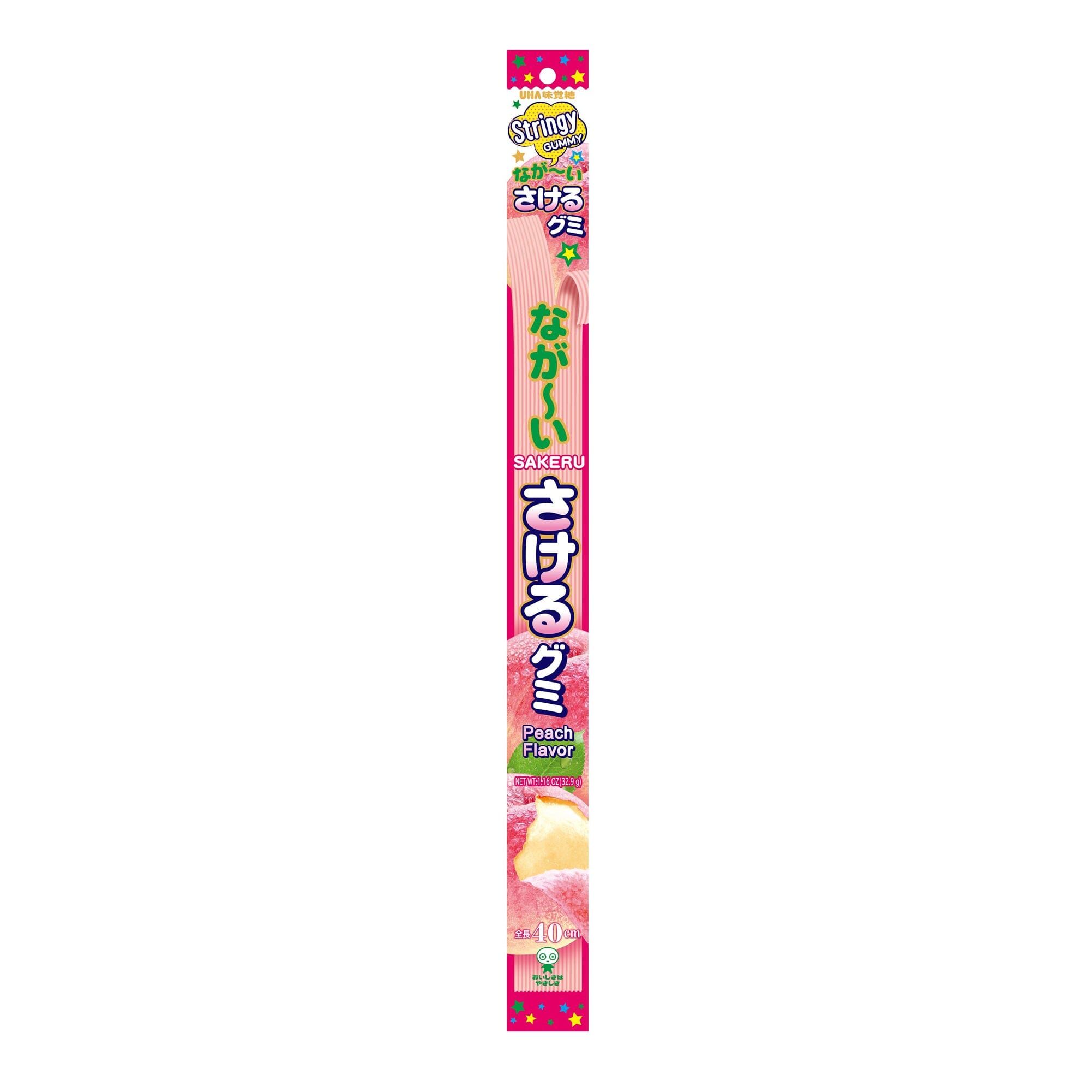 UHA Sakeru Long Stringy Gummy Candy – Soft, Chewy & Peelable Japanese Snack 1.16 oz UHA White Peach 