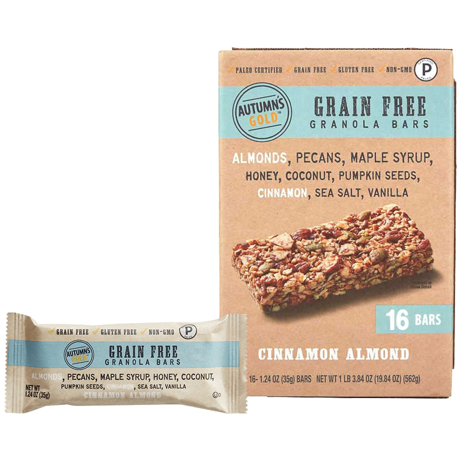 Autumn's Gold Grain Free Granola, Paleo Certified Autumn's Gold Cinnamon Almond 1.24 Oz-16 Bars 