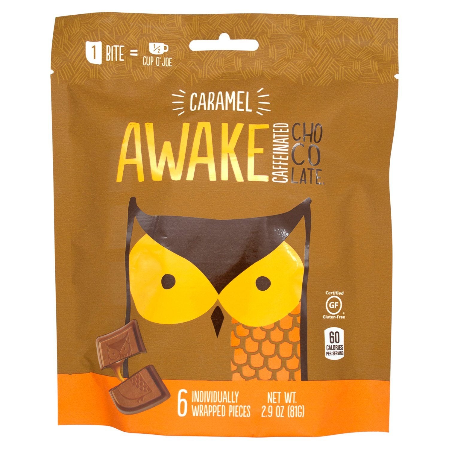 Awake Caffeinated Chocolate Energy Bites Meltable Awake Chocolate Caramel Chocolate 0.58 Oz-6 Count 